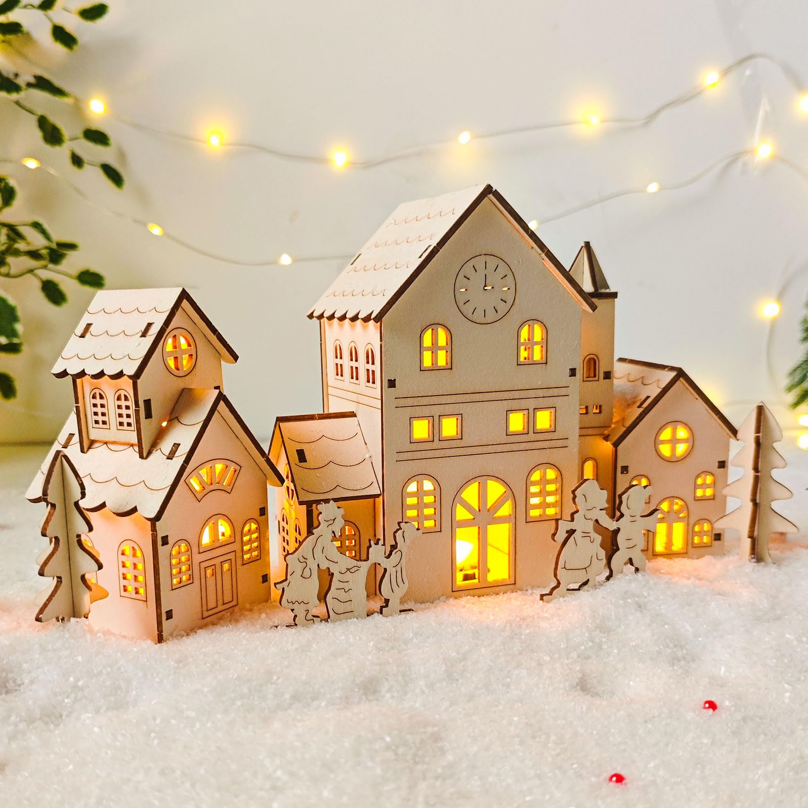 Houten kerstfiguur | Kerstdorp met treintje | Lumineo (5 leds, Beweging, Muziek, Batterijen, 12 x 22 x 15.5 cm) Lumineo