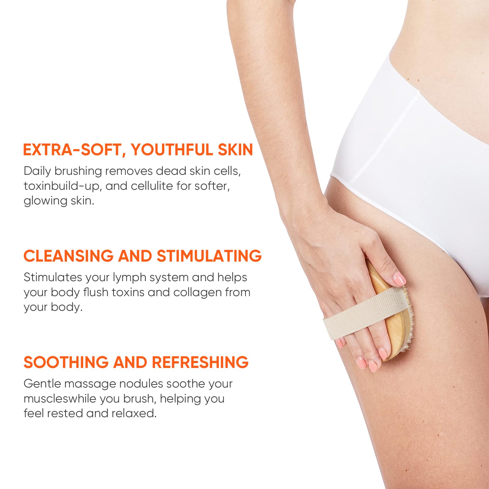 Dry Brushing Exfoliating Round Bath Brush, Body Scrubber Wooden Brush with Massage-Nodules and Bristle-Fibers for Dead Skin, Cellulite and Lymphatic