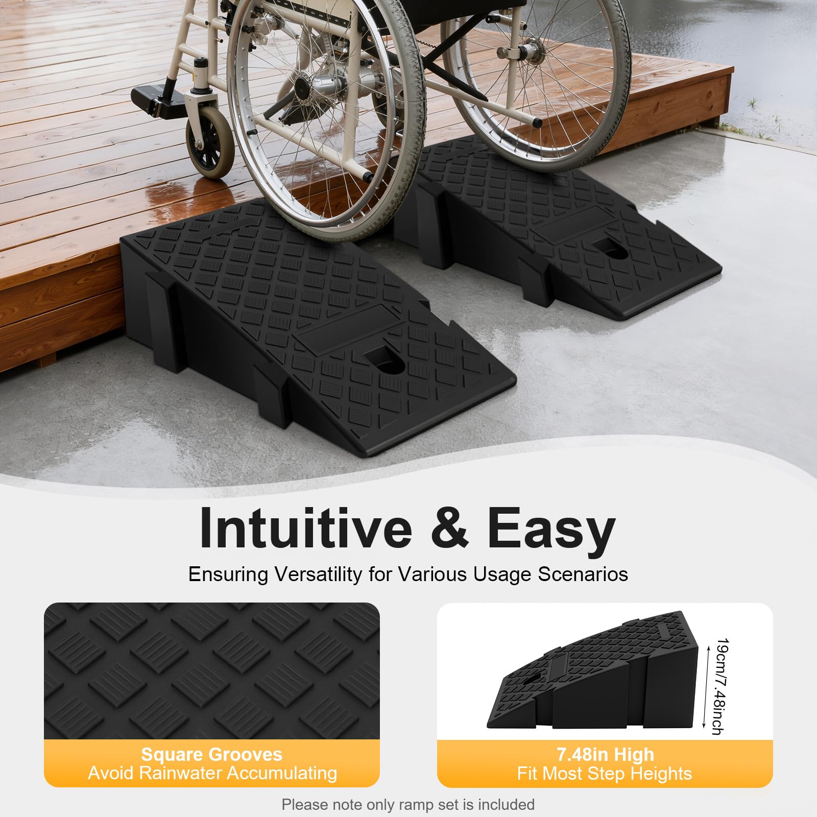 Lot de 2 rampes de trottoir, 19 cm de haut, antidérapantes, en plastique robuste, rampe de seuil pour portes, marches, fauteuils roulants, scooters, motos, voitures