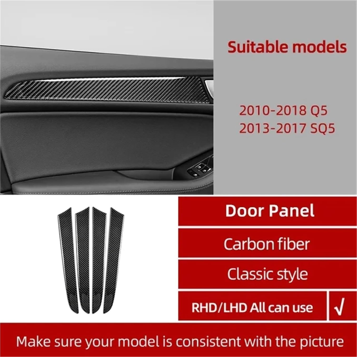 for Q5 8R SQ5 Carbon Fiber Dashboard Door Panel Trim Strips Instrument Decoration Stickers Car Interior Tuning Accessories(E)