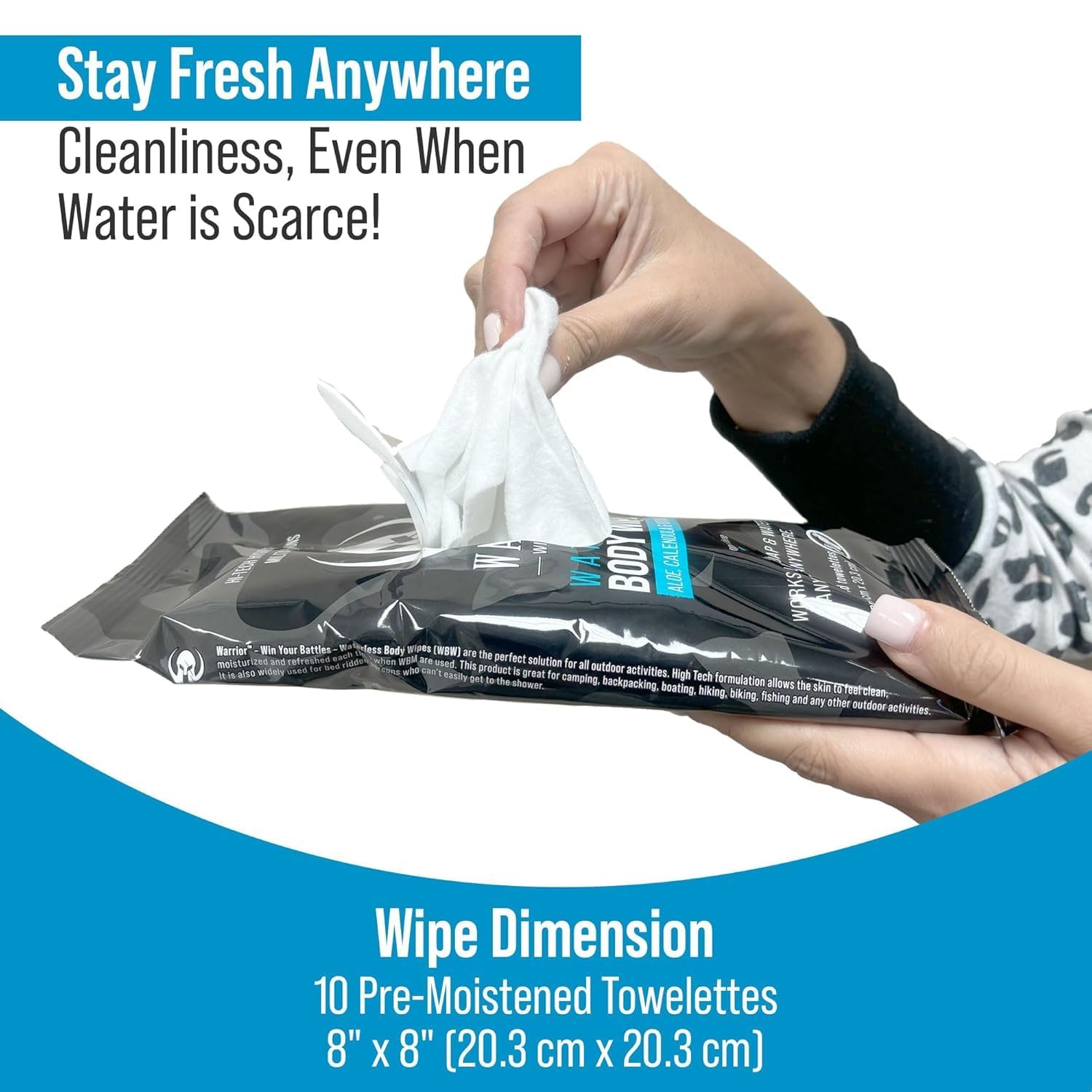 Warrior Waterless Body Wipes - Rinse-Free & Hypoallergenic Cleaning Wipes Enriched with Aloe, Calendula & Vitamin E - Alcohol-Free Unscented Wipes For Sensitive Skin & Bedridden Patients - Pack of 3