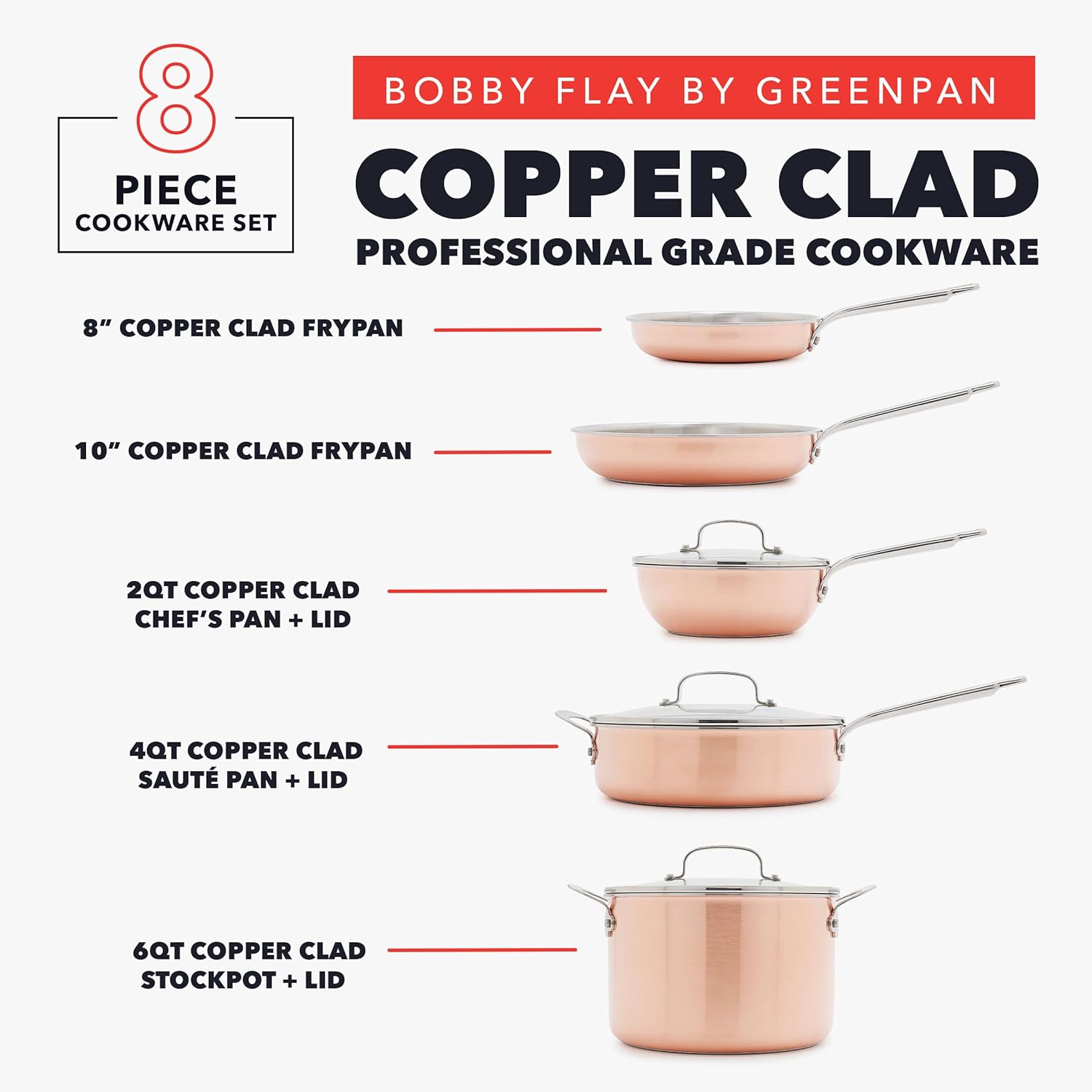 GreenPan x Bobby Flay 8 Piece Copper Clad Pots & Pans, Induction Ready Cookware, Measurement Markings, Stainless Steel Base & Interior, Oven Safe to 500˚F - Image 3