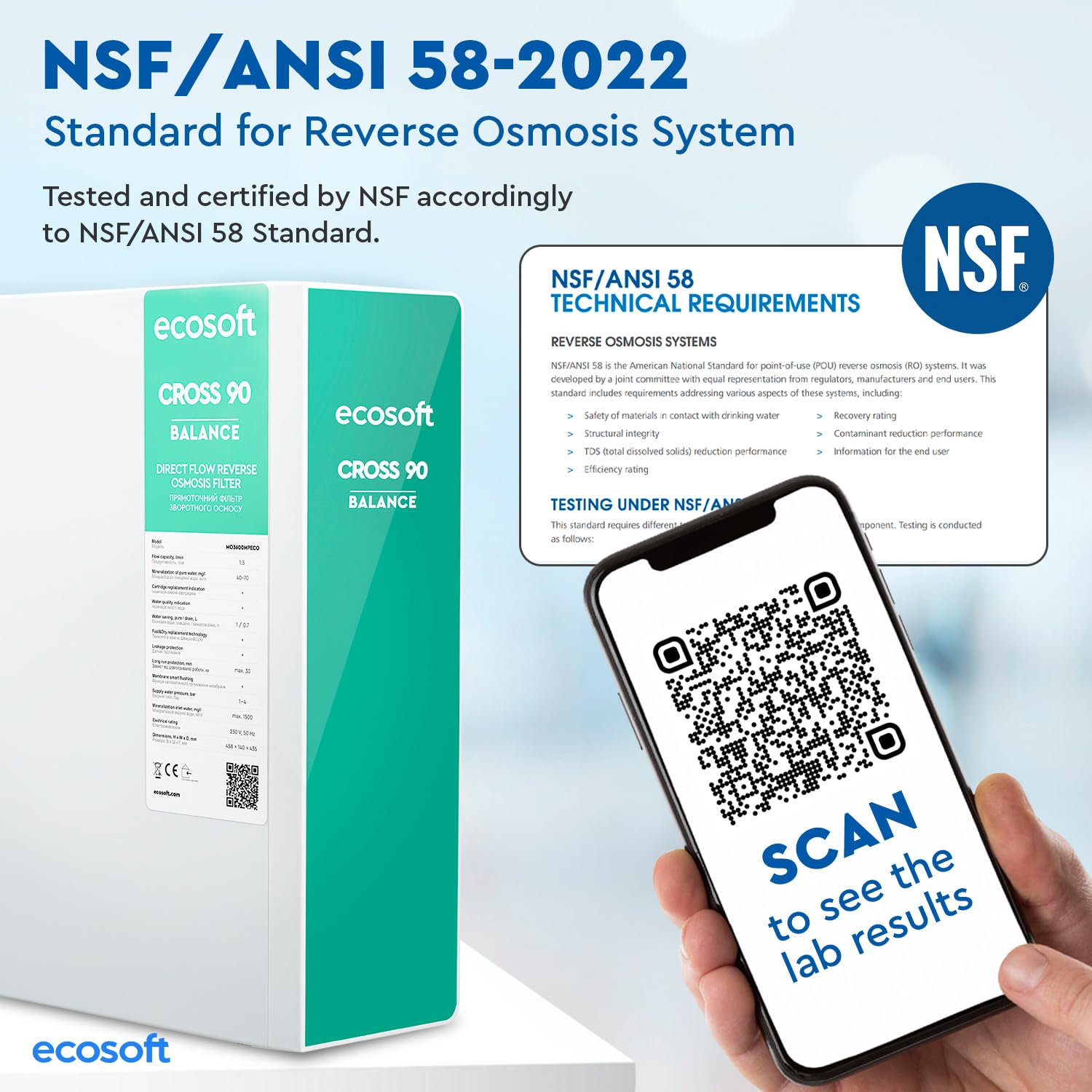 Ecosoft CROSS 90 Balance Filtro de Ósmosis Inversa - Diseño Compacto, 1,5 L/min Alta Tasa de Flujo, Pantalla Inteligente, Tasa de Recuperación del 60%, Componentes Certificados NSF/ANSI 58