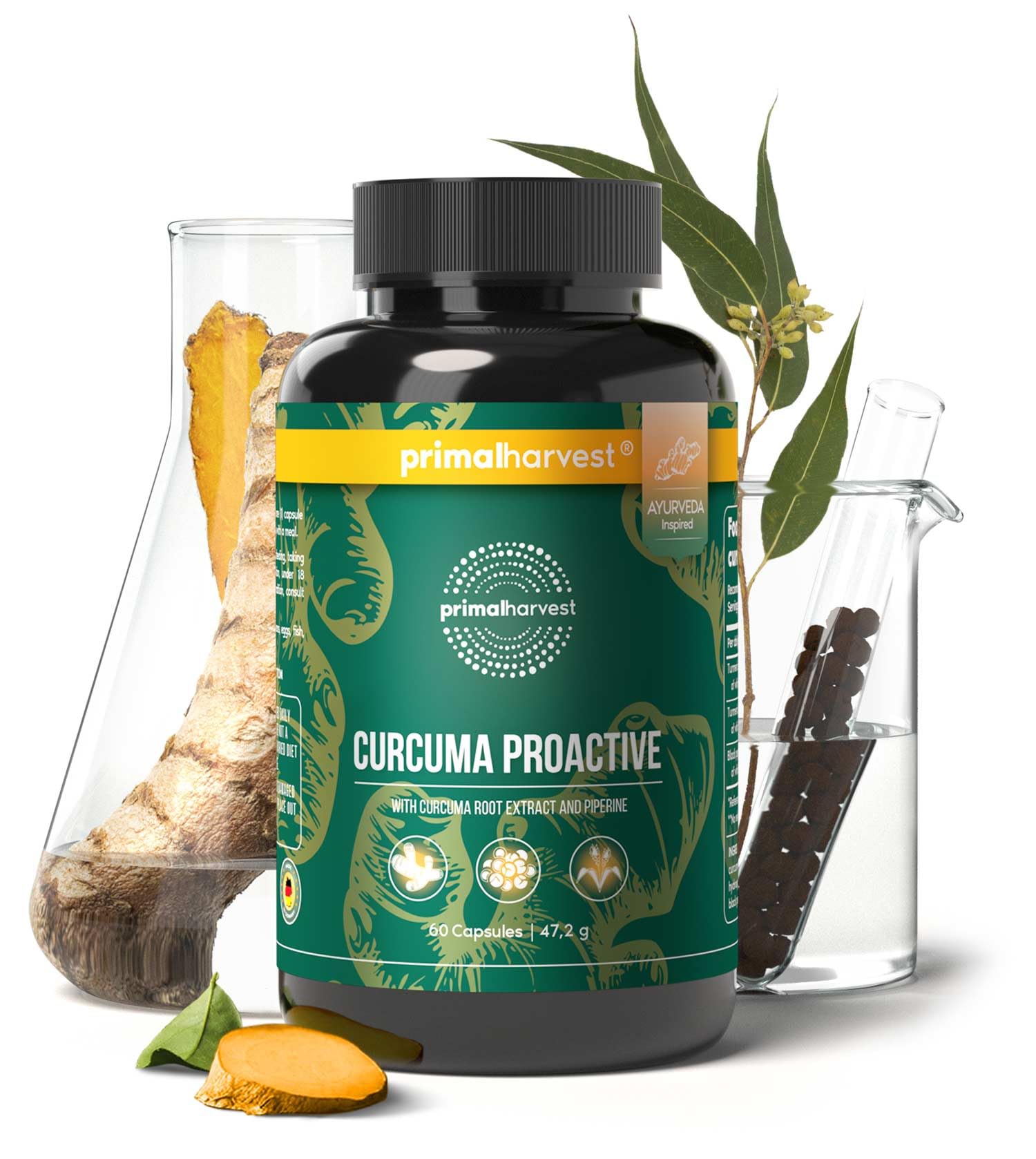 Cúrcuma Complex de Primal Harvest: suplemento vegano con 450 mg de extracto de cúrcuma y pimienta negra. Para hombres y mujeres. Contiene 60 cápsulas. (2 Pack (60 Count))