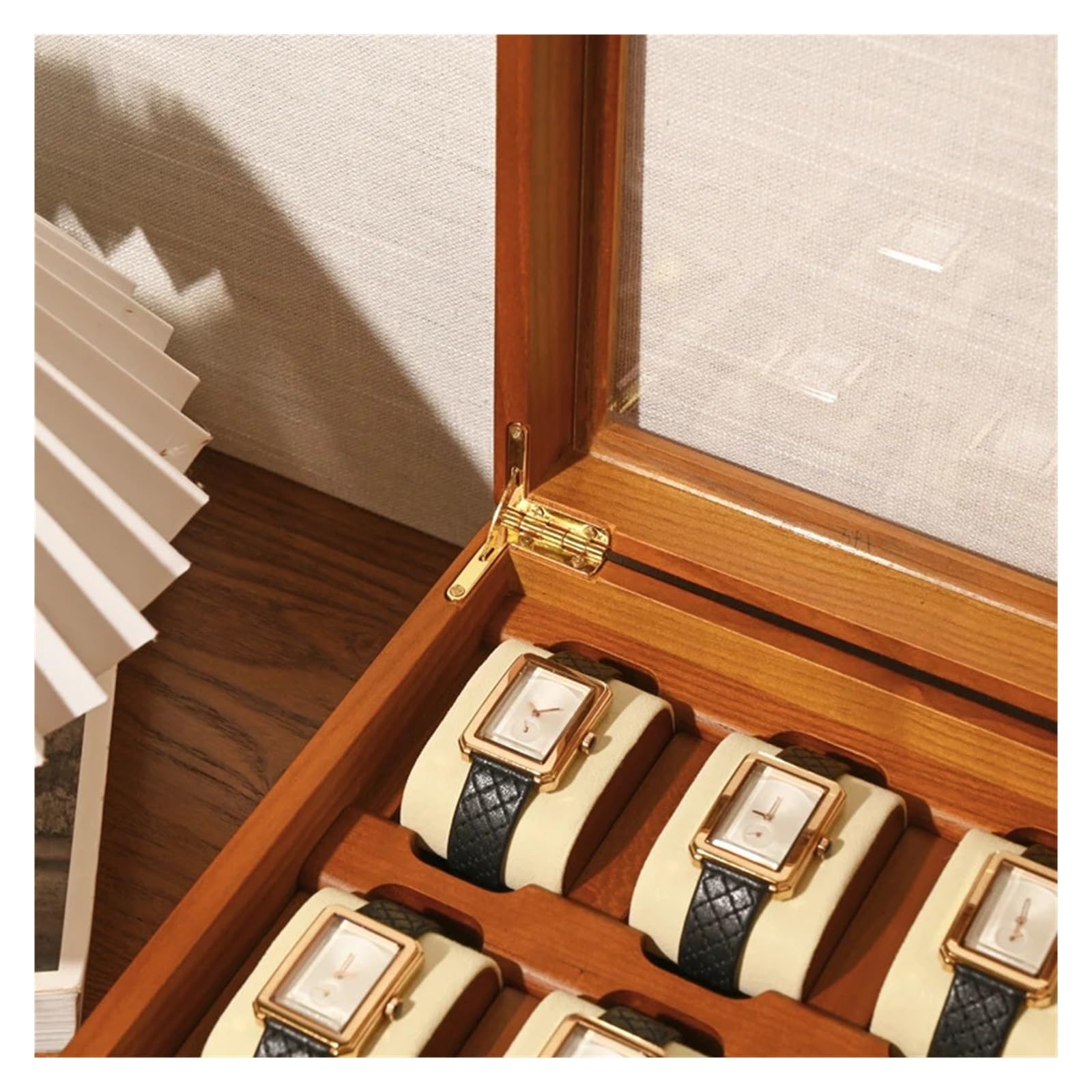 1 caja organizadora de reloj de madera con rejilla 1/6 | Caja de reloj de madera de rejilla 1/6, caja de almacenamiento de reloj portátil con almohada y bolsa(Single Gray)
