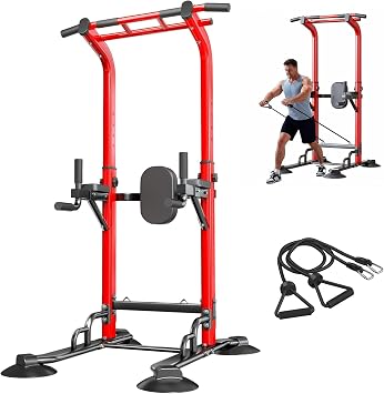 SogesPower 94.5"H Power Tower Pull Up Bar Station, 12 Adjustable Height Dip Station Dip Bar Strength Training Fitness Equipment, Red+Bands