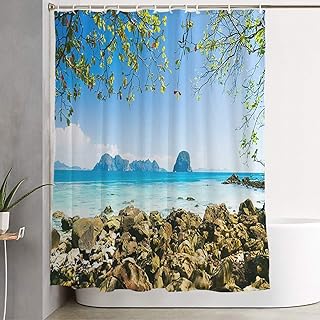 Shower Curtain Harbor Waters Sign Sunlight Quiet Getaway Sun Paradise Lagoon Scene Nature Parks Outdoor Landscape Home Bathroom Decor Polyester Fabric Waterproof 72 x 78 Inch Set with Hooks