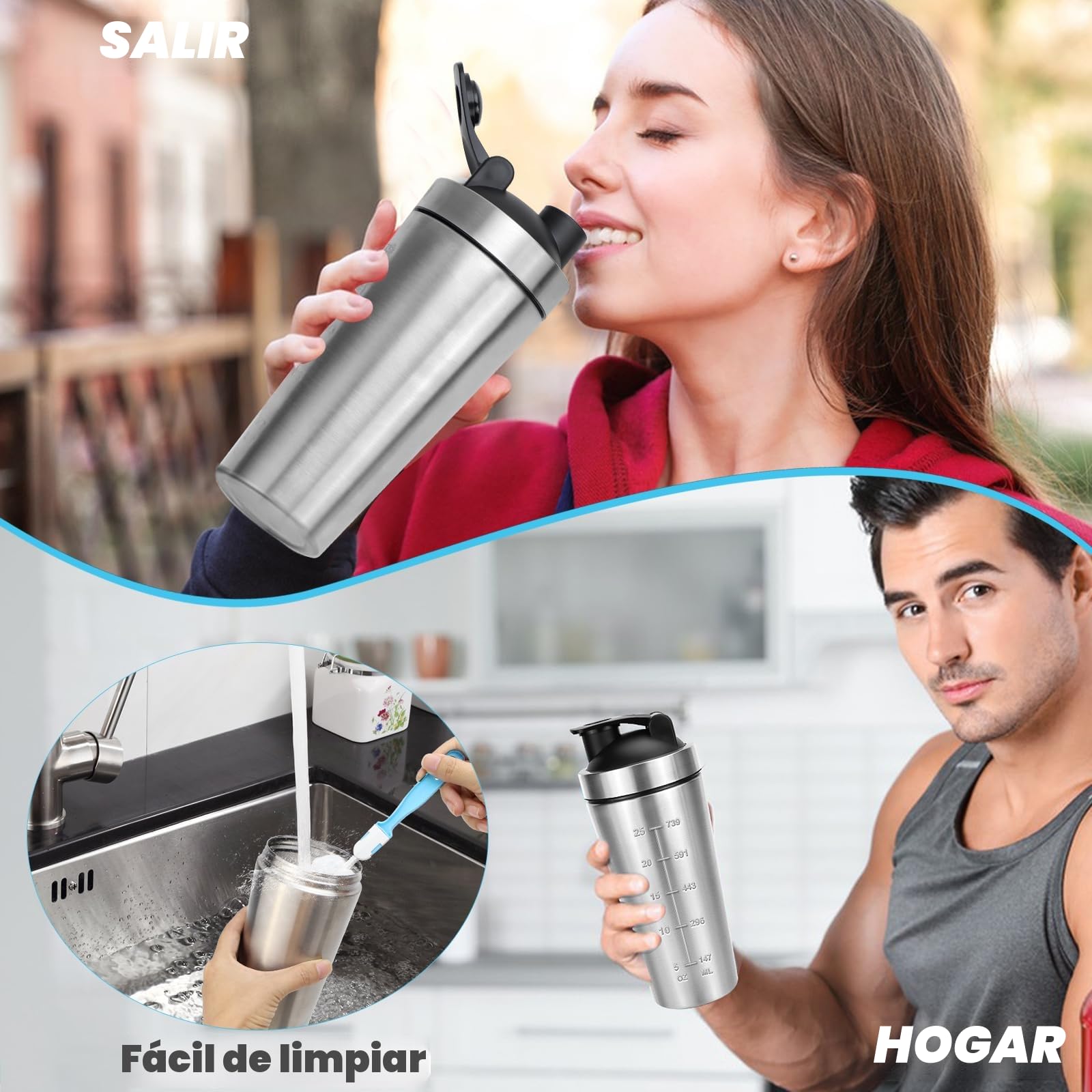 Shaker Acero Inoxidable, 750 ml Shaker Proteinas, con Bola Agitadora y Cepillo de Taza, Doble Mezcla, Escalas Interior y Exterior, Coctelera Proteinas Para Fitness, Ciclismo, Regalos, Plata
