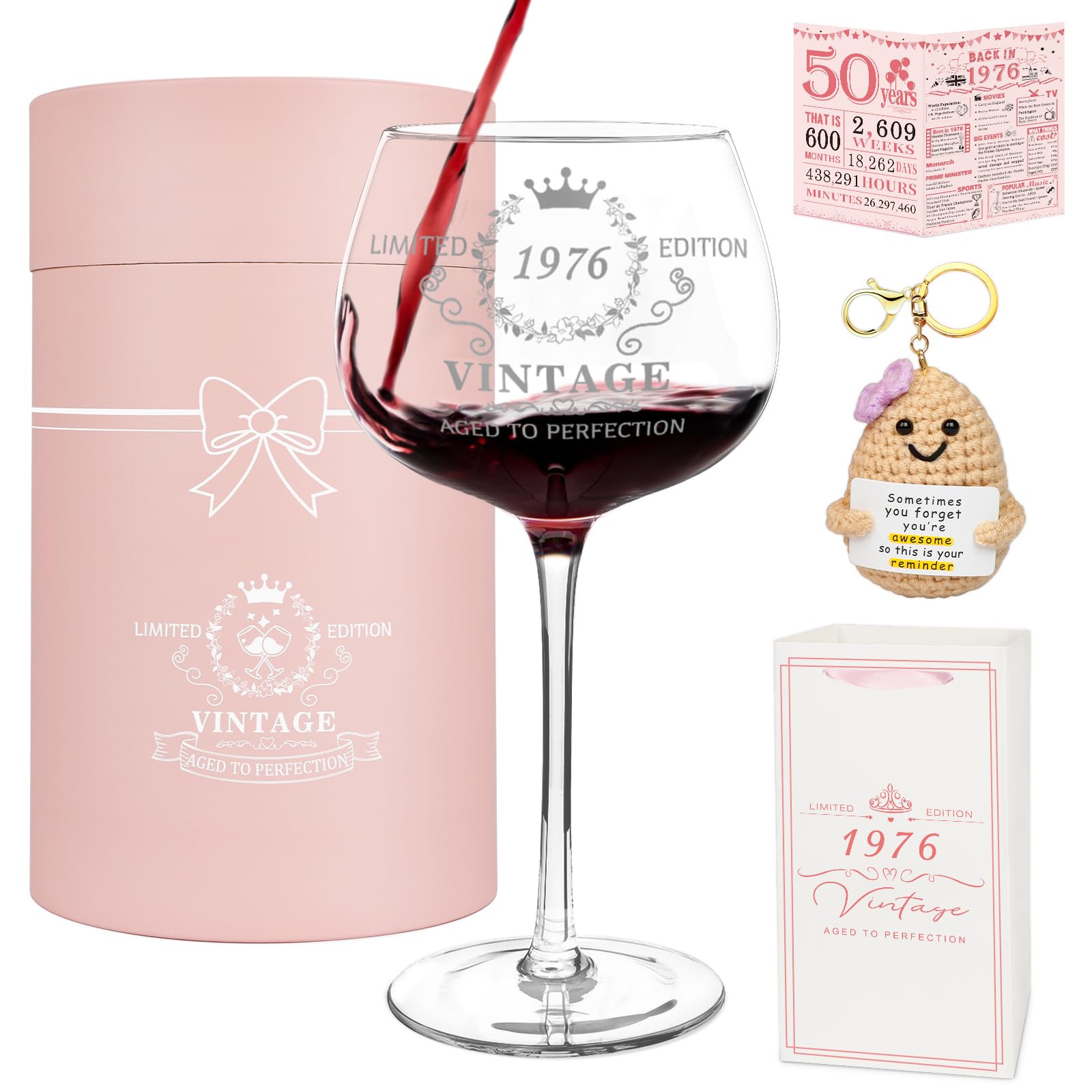 Vanqruo 50th Birthday Gifts for Women,Vintage 1976 Platinum Print Wine Glass, 50th Birthday Decorations for Women, Happy 50 Year Old Gift Ideas for Her, Wife, Friends - 16Oz Wine Glass