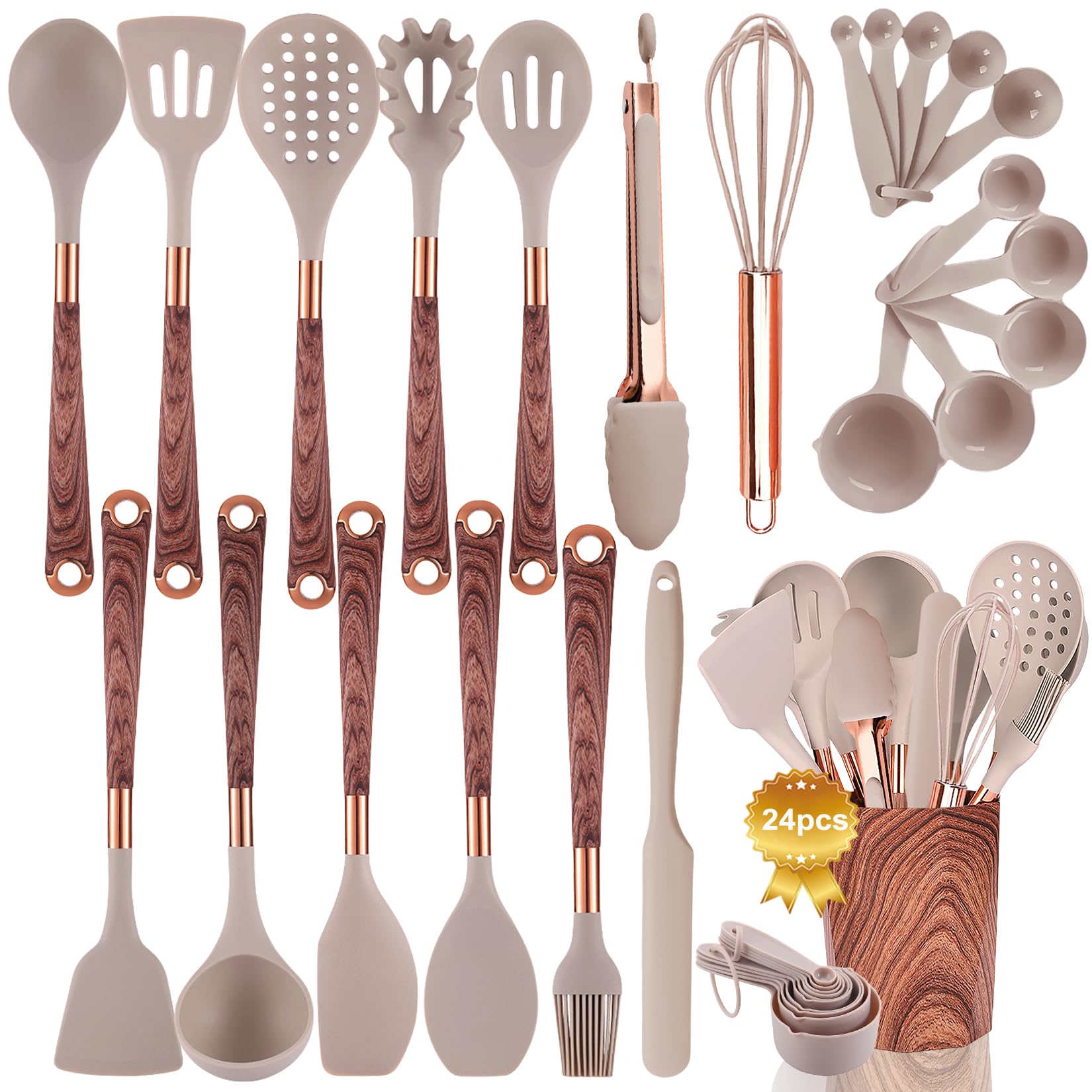 Silicone Cooking Utensils Set with Holder- 24pcs Kitchen Utensil Set with Wood Pattern Handle, Silicone Utensils for Cooking with Food Safety Turner, Pasta Server, Skimmer, Ladle, Spoon, Tong, Whisk