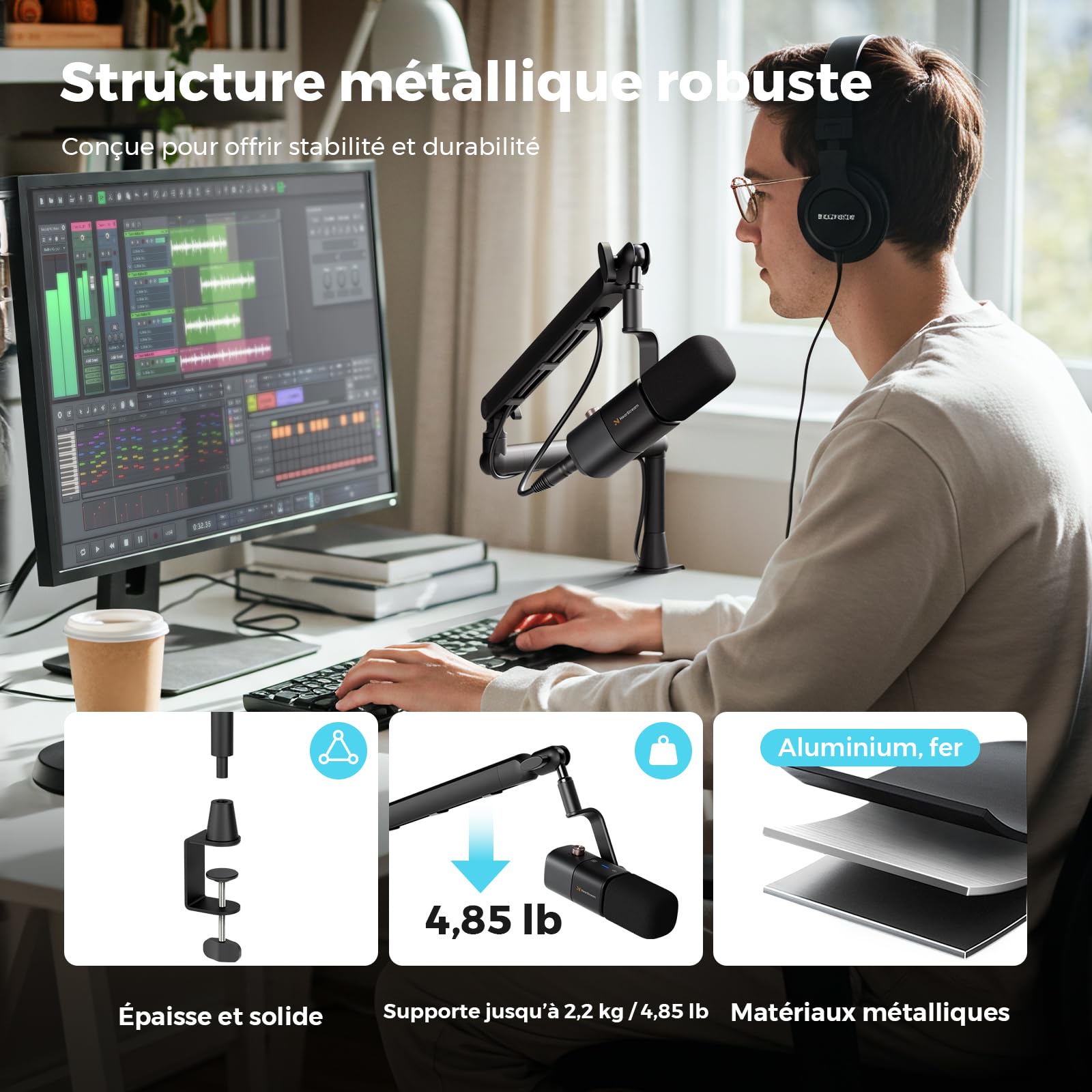 NearStream Support de Microphone avec Adaptateurs 1/4", 3/8" et 5/8", Bras de Micro Réglable avec Gestion des Câbles, Riser 4,5", Fixation Bureau pour Podcasting/Streaming/Jeux/Bureau à Domicile (ST20