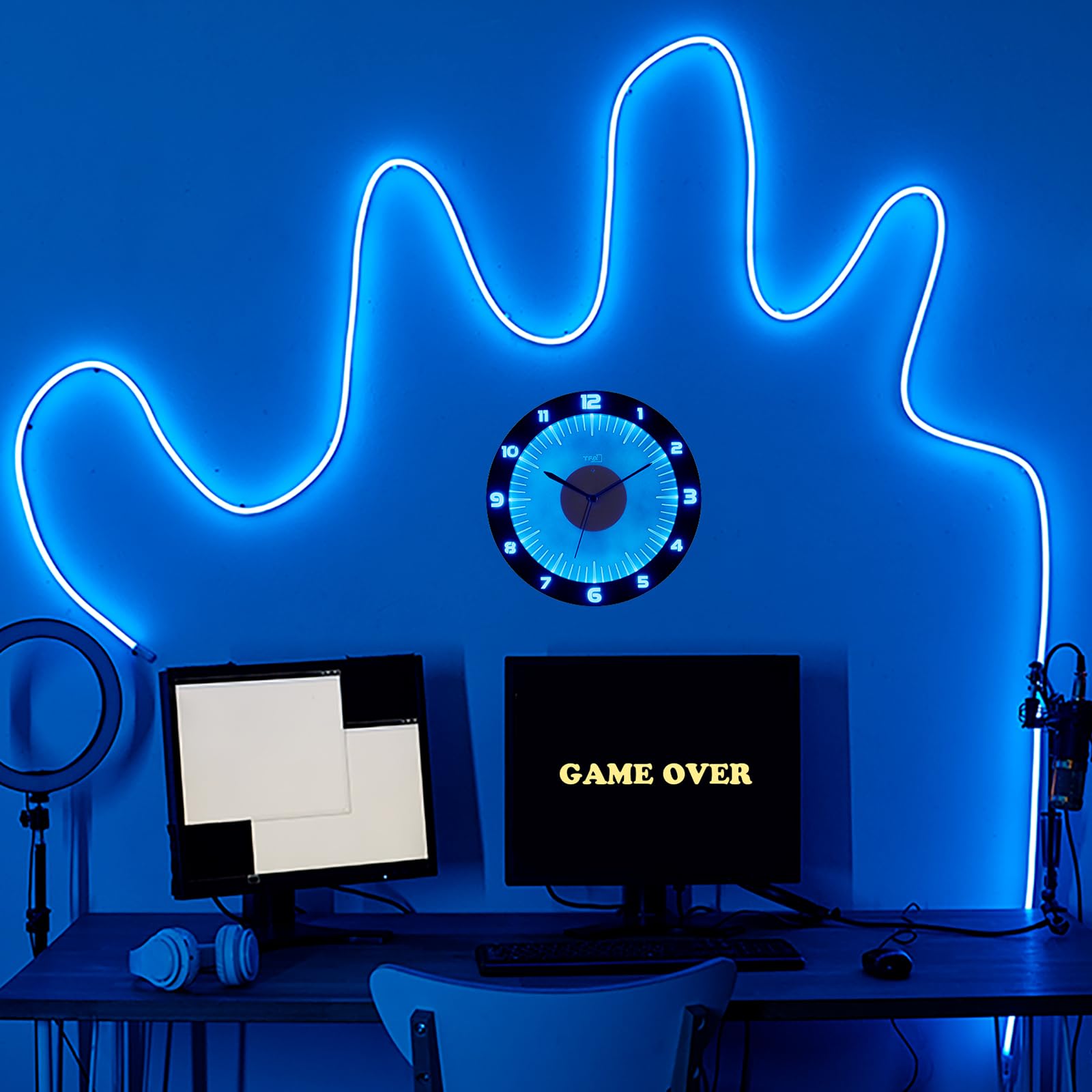 TFA Dostmann Analoge Leuchtende Wanduhr mit LED Lumoclock, 60.3553, inkl 9 Farbvarianten, Gaming Accessoires, Wand-Dekoration Bar, Nachtuhr, Leuchtuhr, inkl. Funk-Wanduhr, mit 3-D Ziffern, 30cm, grau