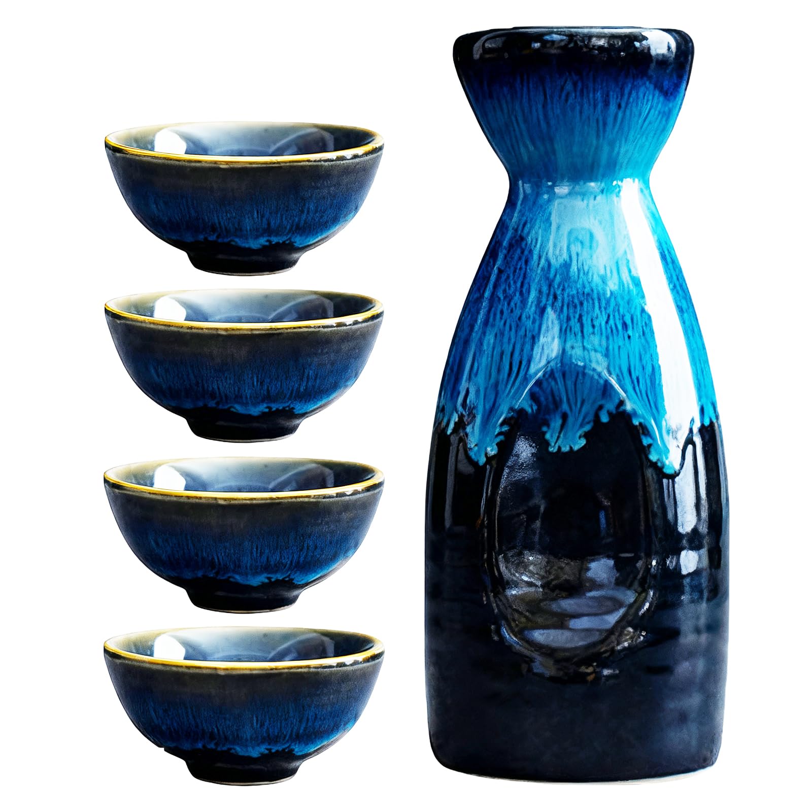 Set di 5 sake da 310 ml, in ceramica giapponese, vetro borosilicato di alta qualità con tazza e vaso di vino, elegante porcellana blu