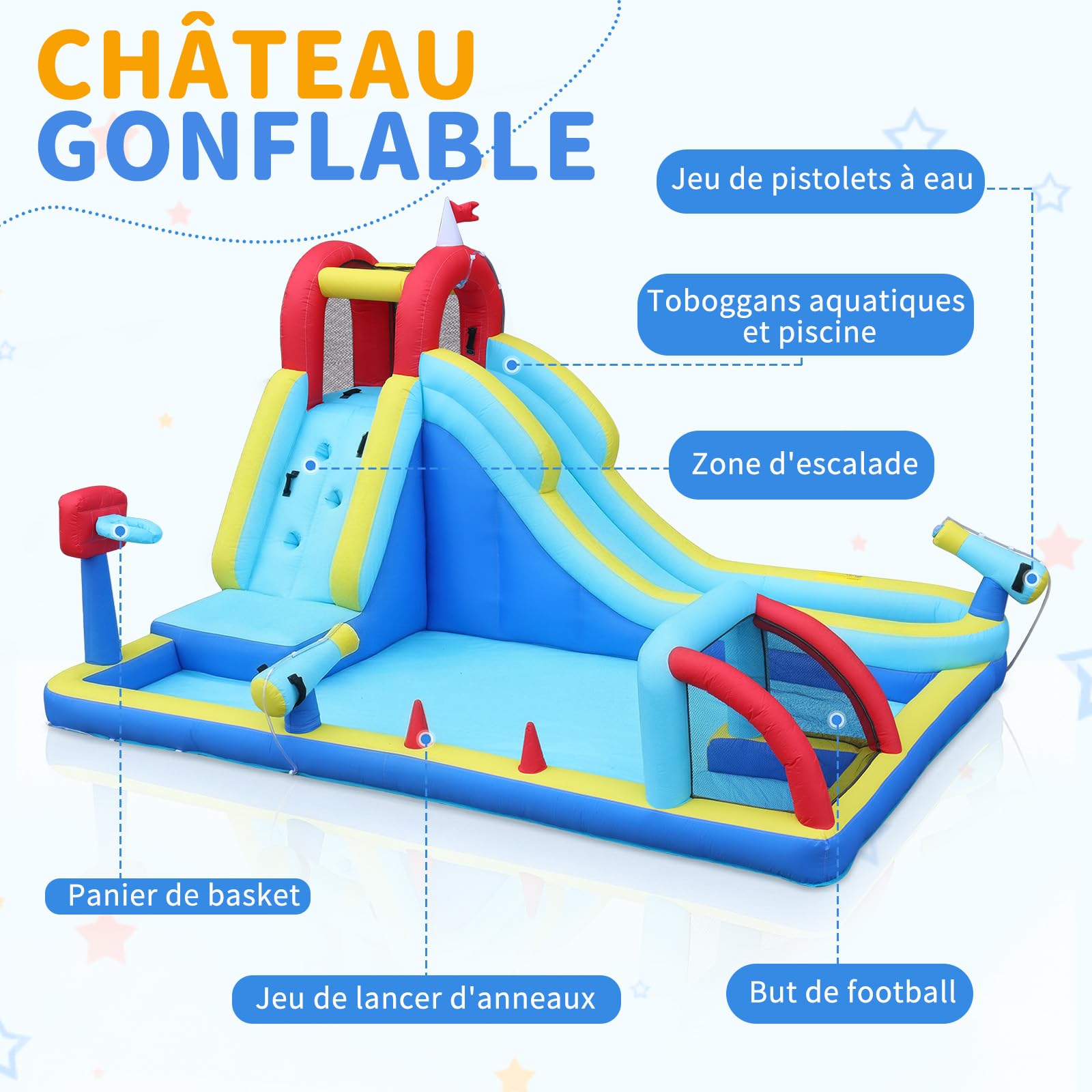 LEADZM Château Gonflable sur Le Thème du Sport avec Souffleur, Buts de Football, Paniers de Basket, Longue Barrière de Toboggan et Aire de Jeux d'ea, 400 * 305 * 225cm