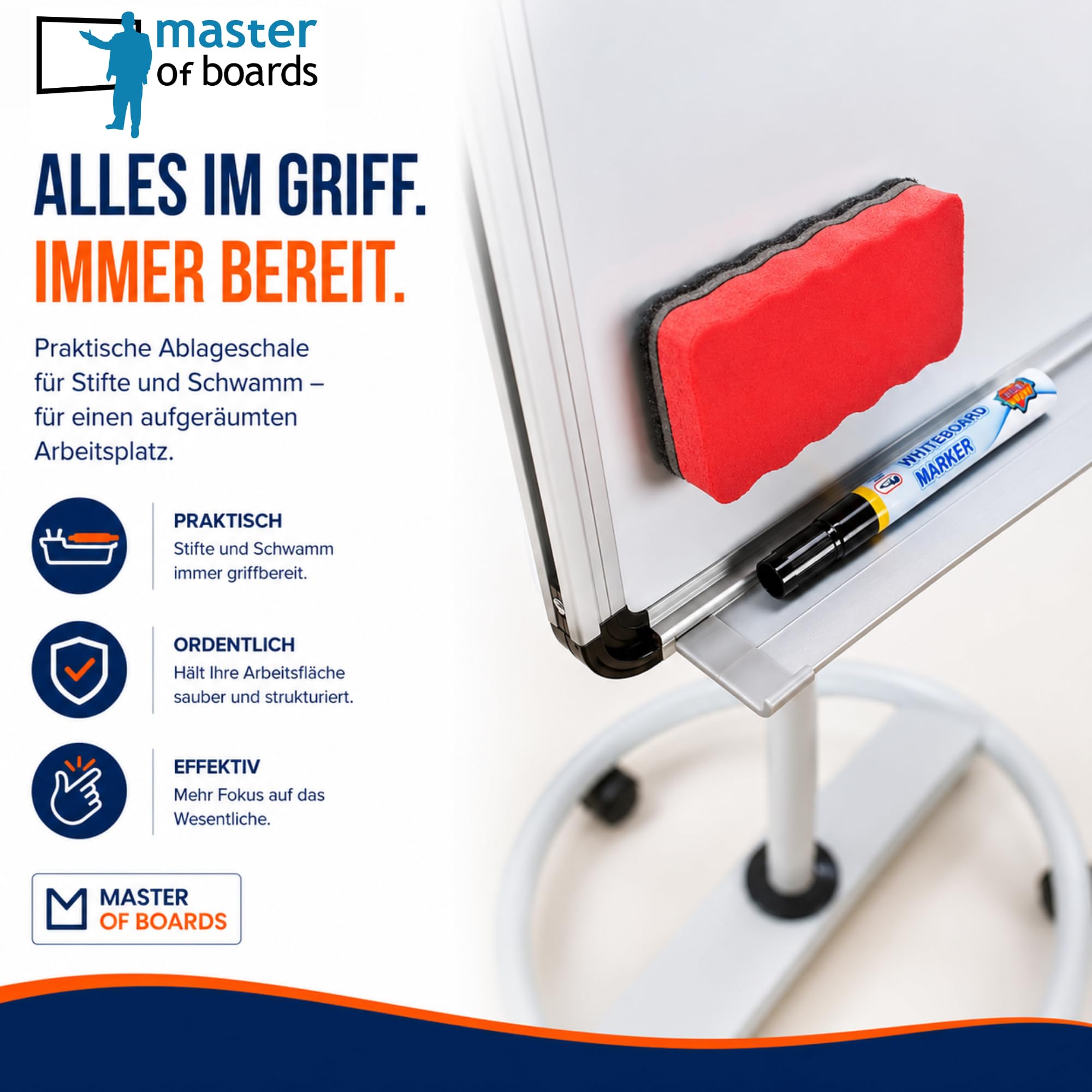 Flipchart | Elegible con soporte de tres patas o pie de rodillo | Escribir, lavable, magnético | Soporte de papel variable para bloques de diferentes tamaños (Shark Premium)