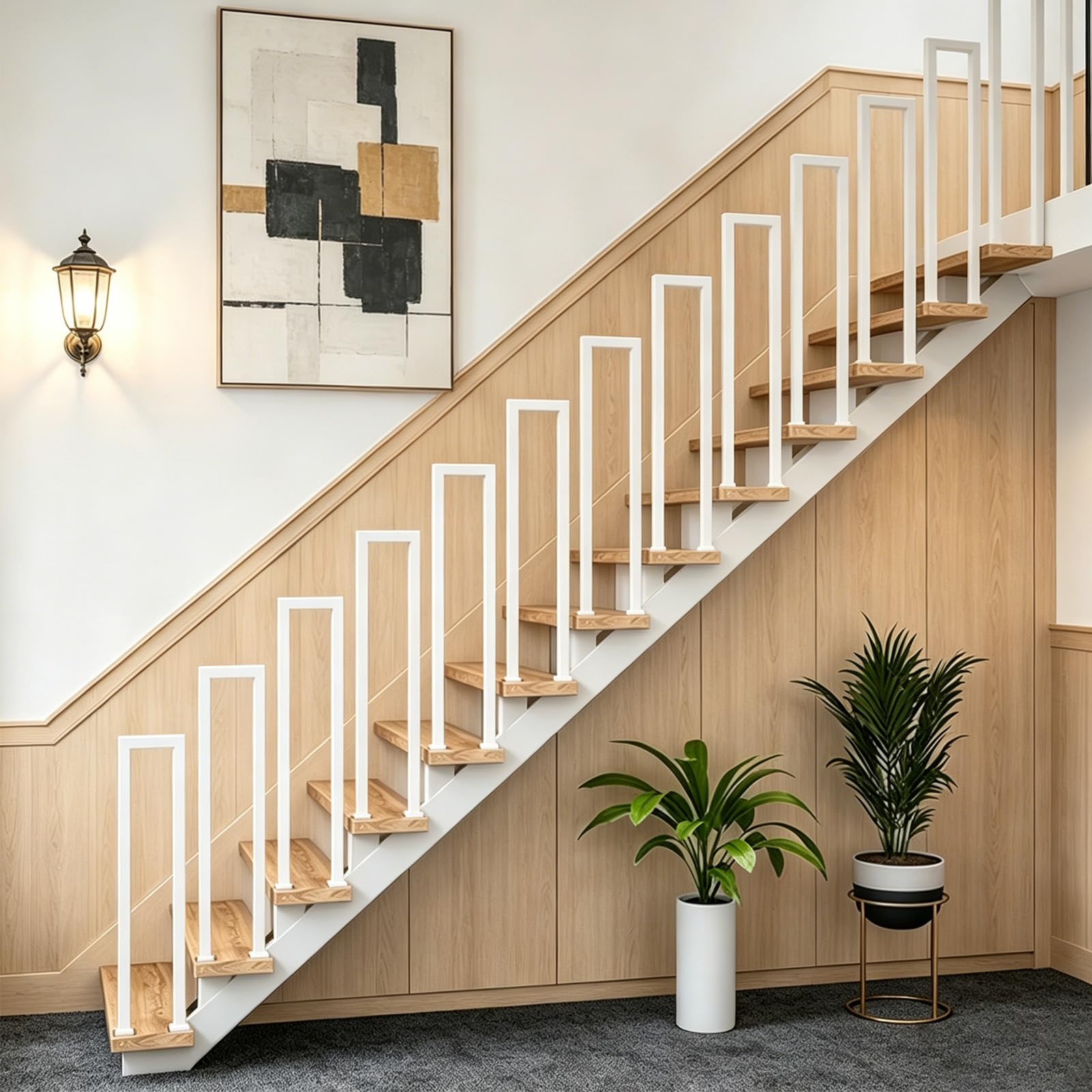 Railing Indoor & Outdoor, u-Shaped Stair railings Inside with Connectors & Screws, Adjustable Metal Stair Railing Baluster Post Set for Garden, Indoor and Outdoor（White, 80CM-Right Angle）