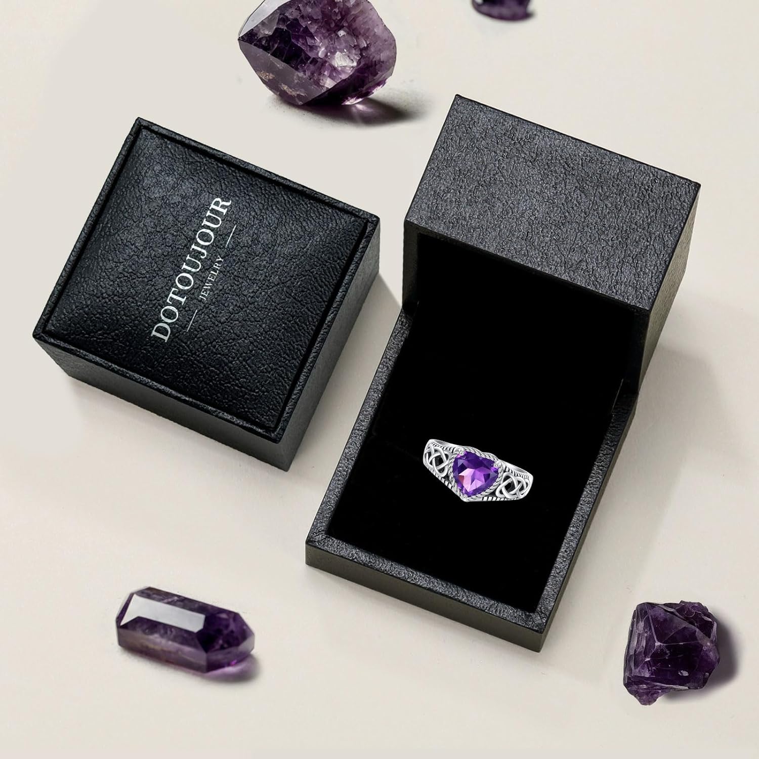Natural Amethyst Promise Ring for Women Celtic Knot 8mm Heart Cut Amethyst Rings 925 Sterling Silver