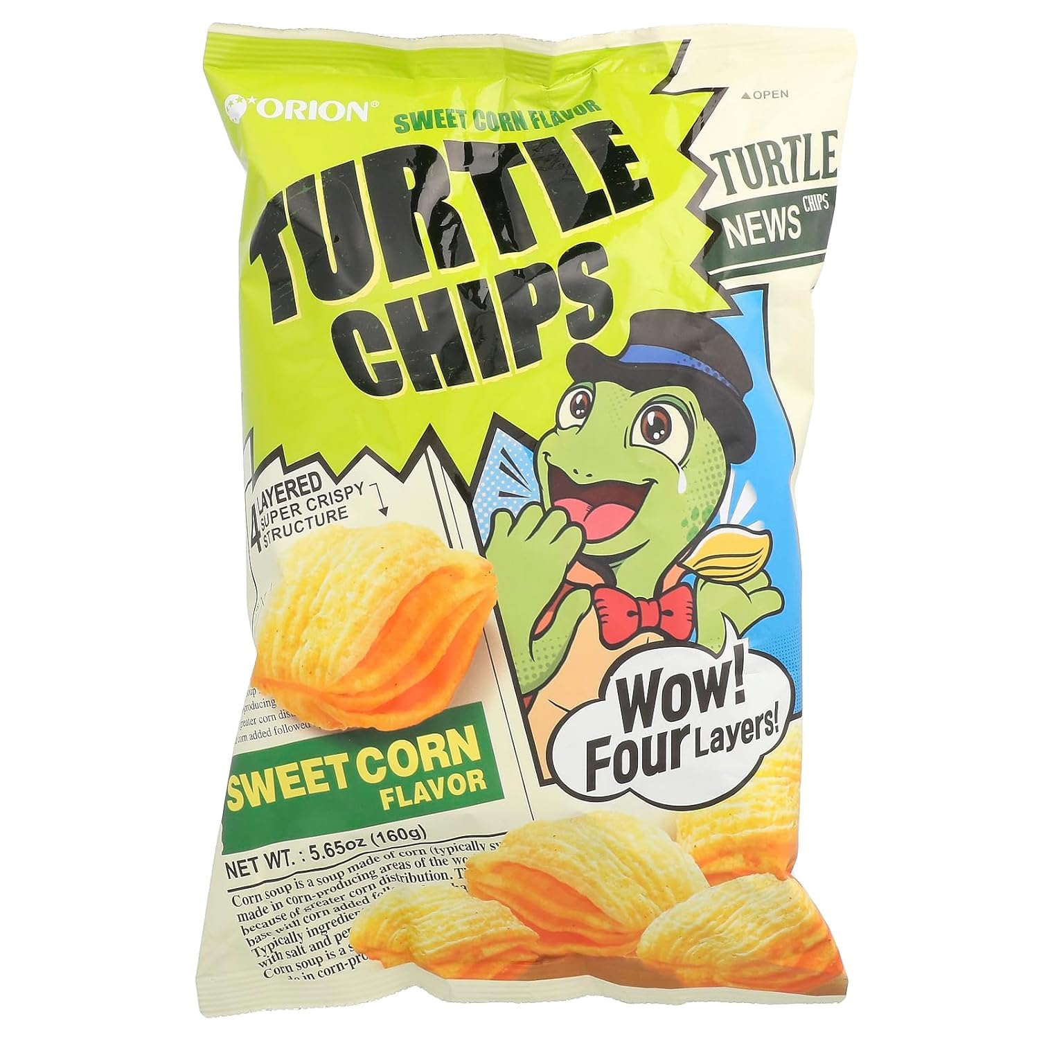Orion Turtle Chips, Sweet Corn Flavor, 4 Layered Crispy Structure, 5.65 oz, Korean Snack Pack Of 6