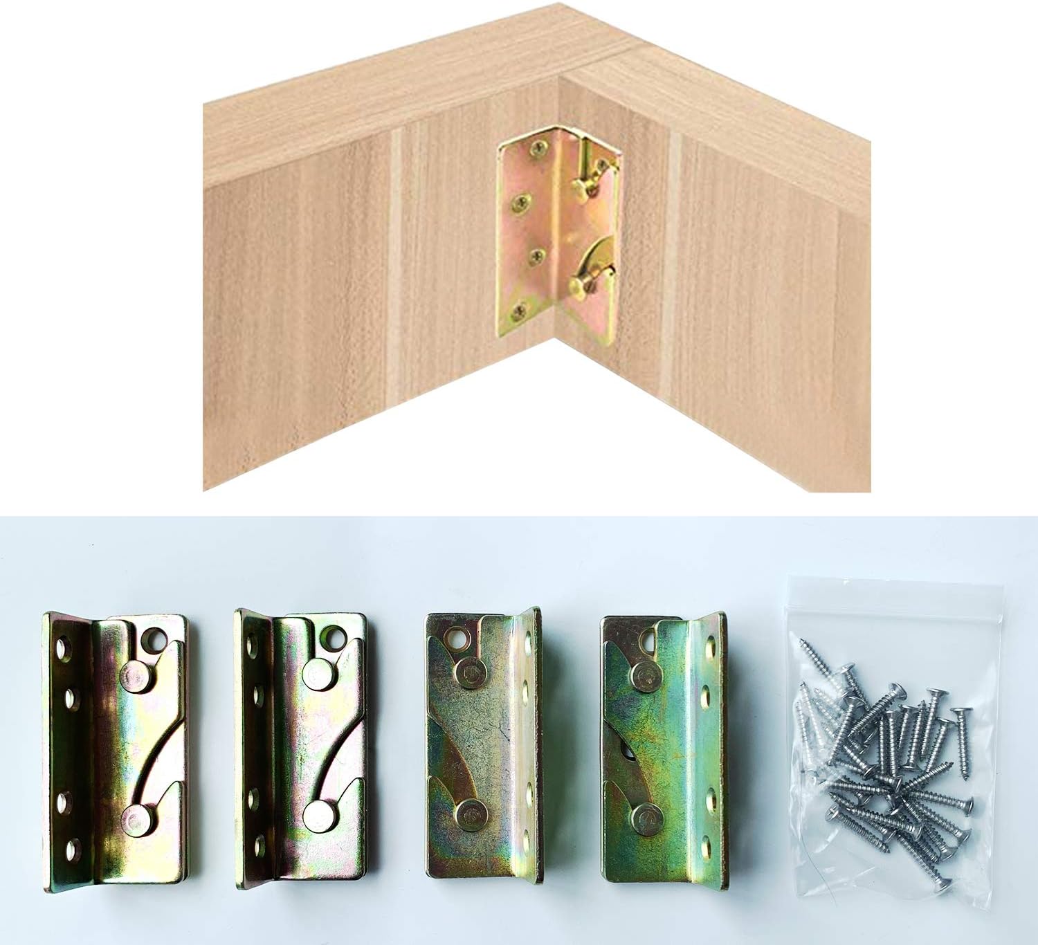 LIKERAINY Heavy Duty Bed Hinge Rail Brackets Suspension Connecting Fittings Joiner Hooks Fastener for Bed Frame Metal Yellow Chromed 4 Sets - Image 3