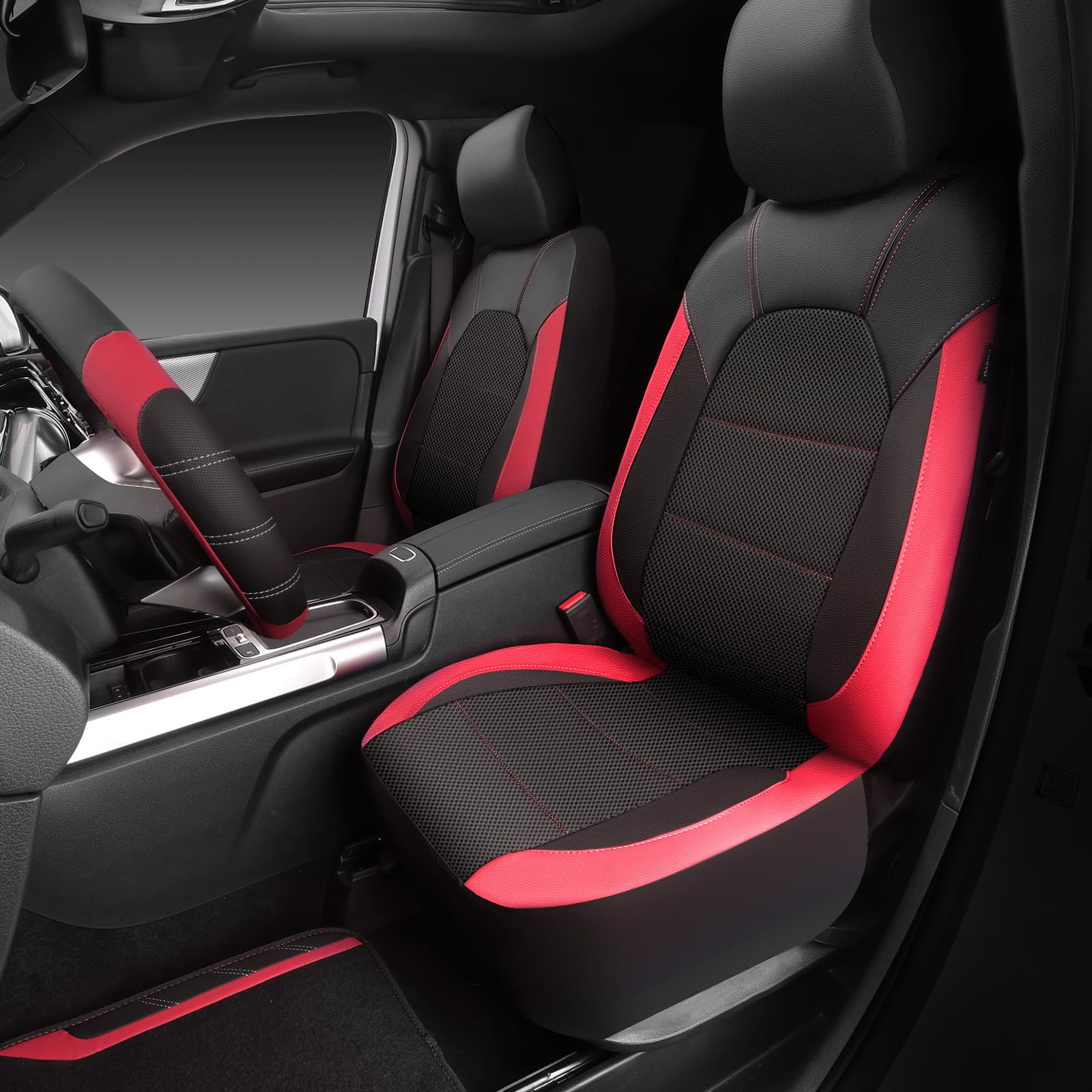 CAR PASS Air Mesh Leather Car Seat Covers for Front Seats Waterproof Car Floor Mats Sporty Steering Wheel — view 2