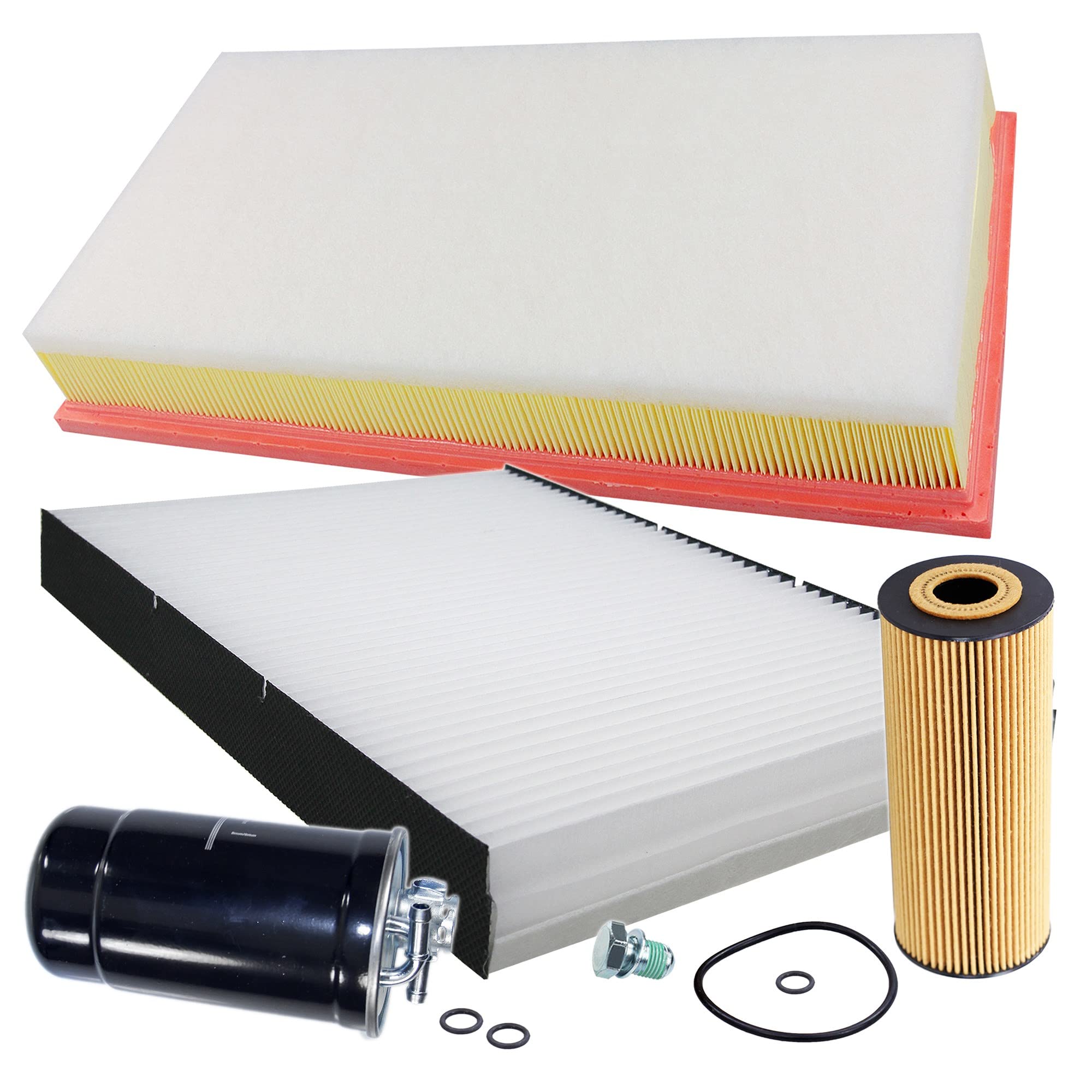 BESTPRICE Paquete de inspección juego de filtros con 1x filtro de aceite, 1x filtro de aire, 1x filtro de habitáculo (filtro de polen),1x filtro de combustible, 1x tapón de drenaje de aceite con junta