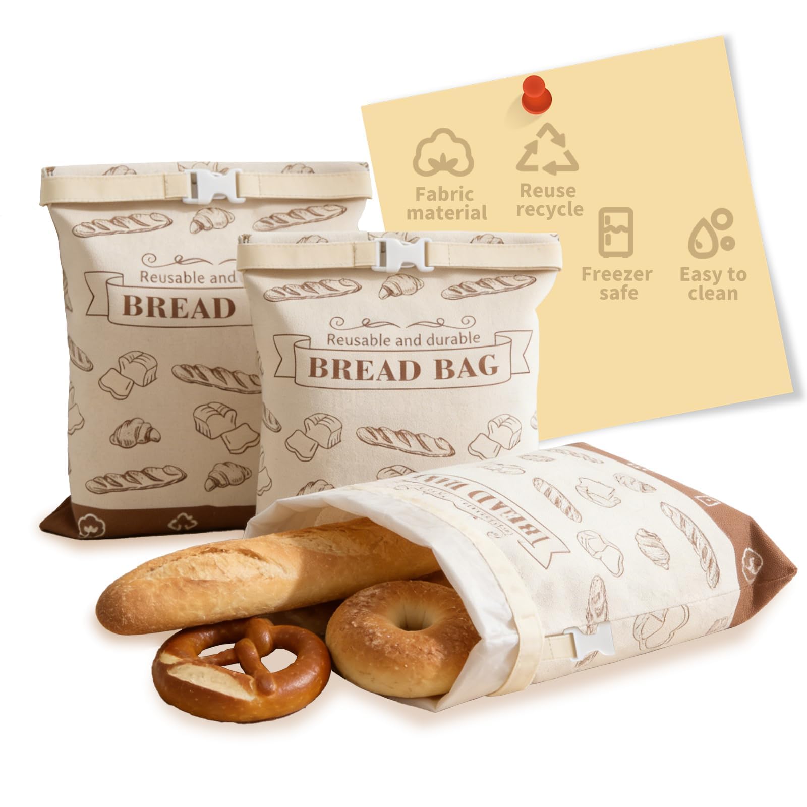 YUUTIAL Bread Bags for Homemade Bread, 43x33cm TPU Lined Reusable Bread Cotton Bag with Buckle Closure, Keeps Fresh Longer Food Eco-Friendly Storage Bag, Kitchen Storage Sacks