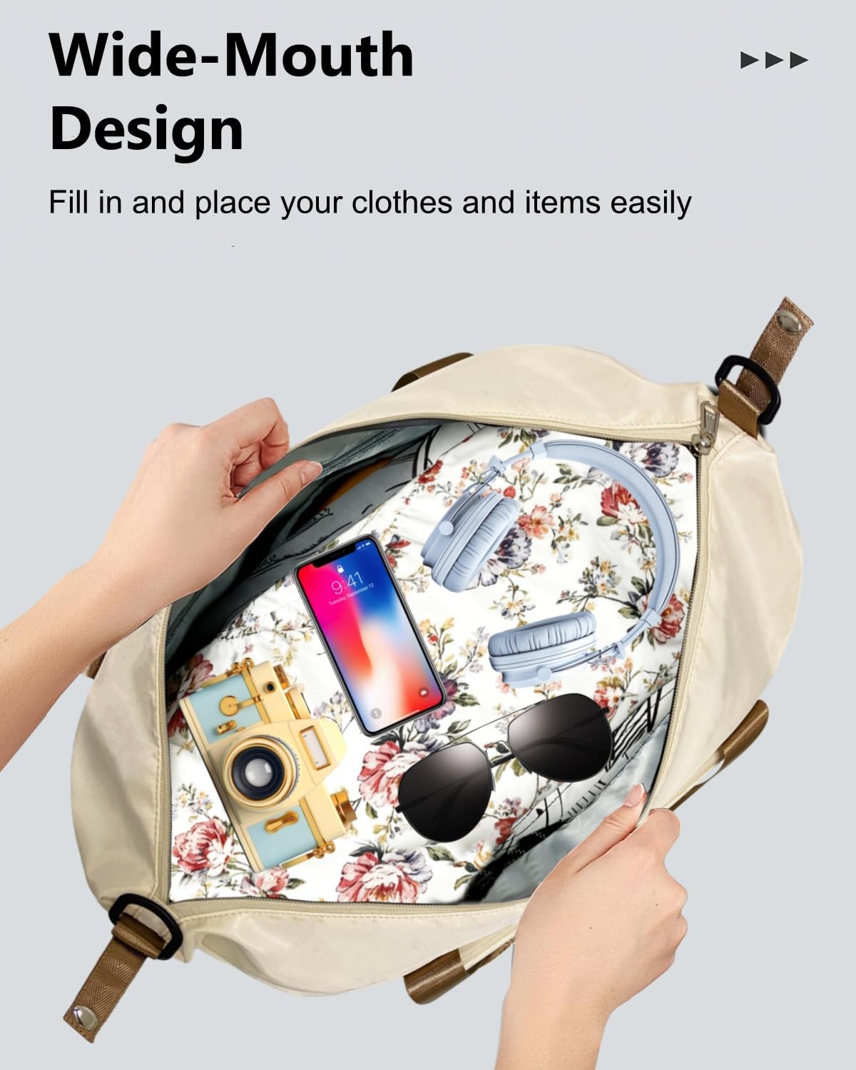 Foldable Travel Bag, 40L Duffle Bag for Travel with Multiple Pockets, Expandable Gym Carry On Bag, Overnight Weekender Bags for Women (Beige) - Image 4