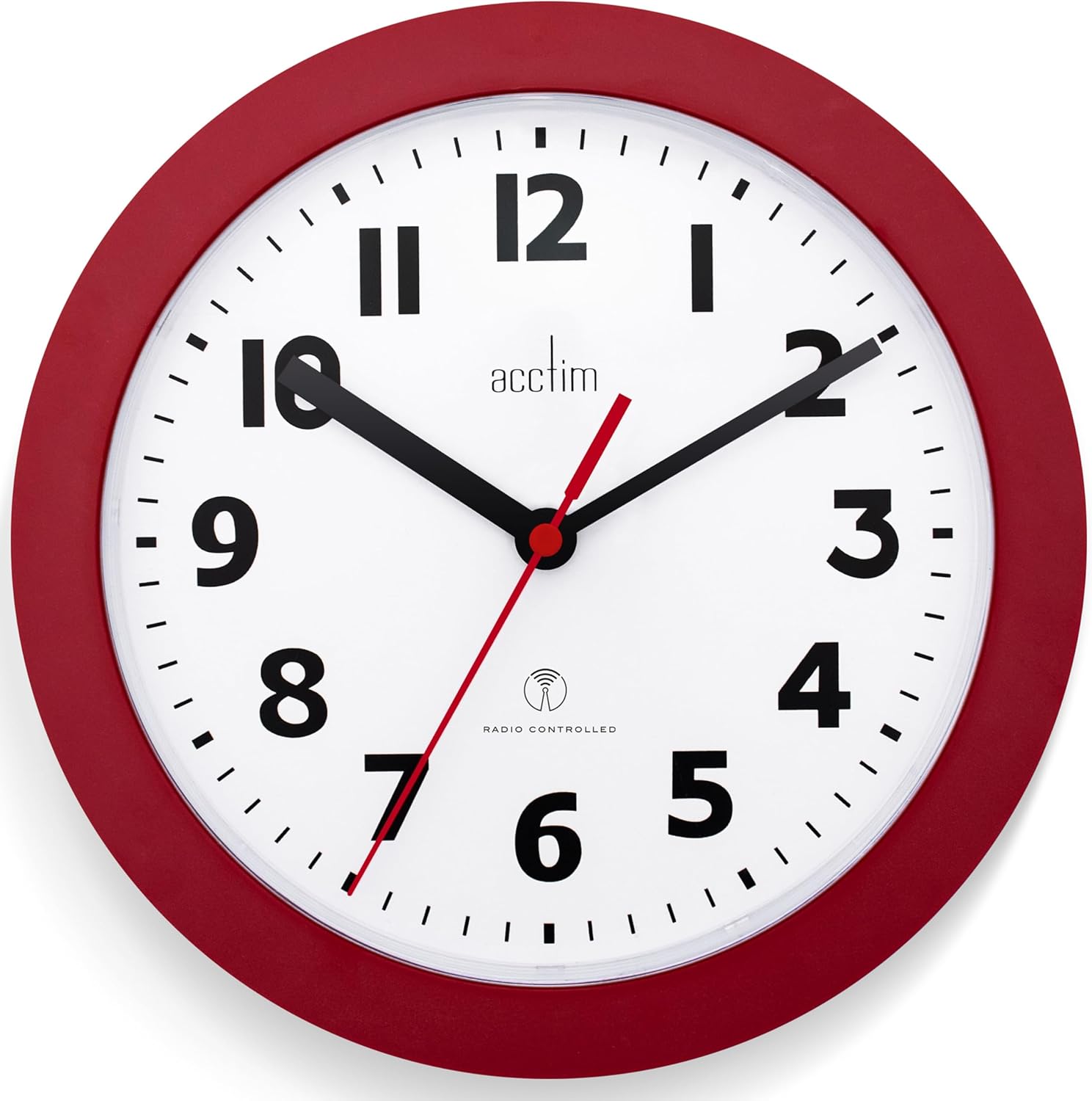 Передний view of the Acctim 74314 Parona Radio Controlled Wall Clock with a red frame and white dial, displaying the time.