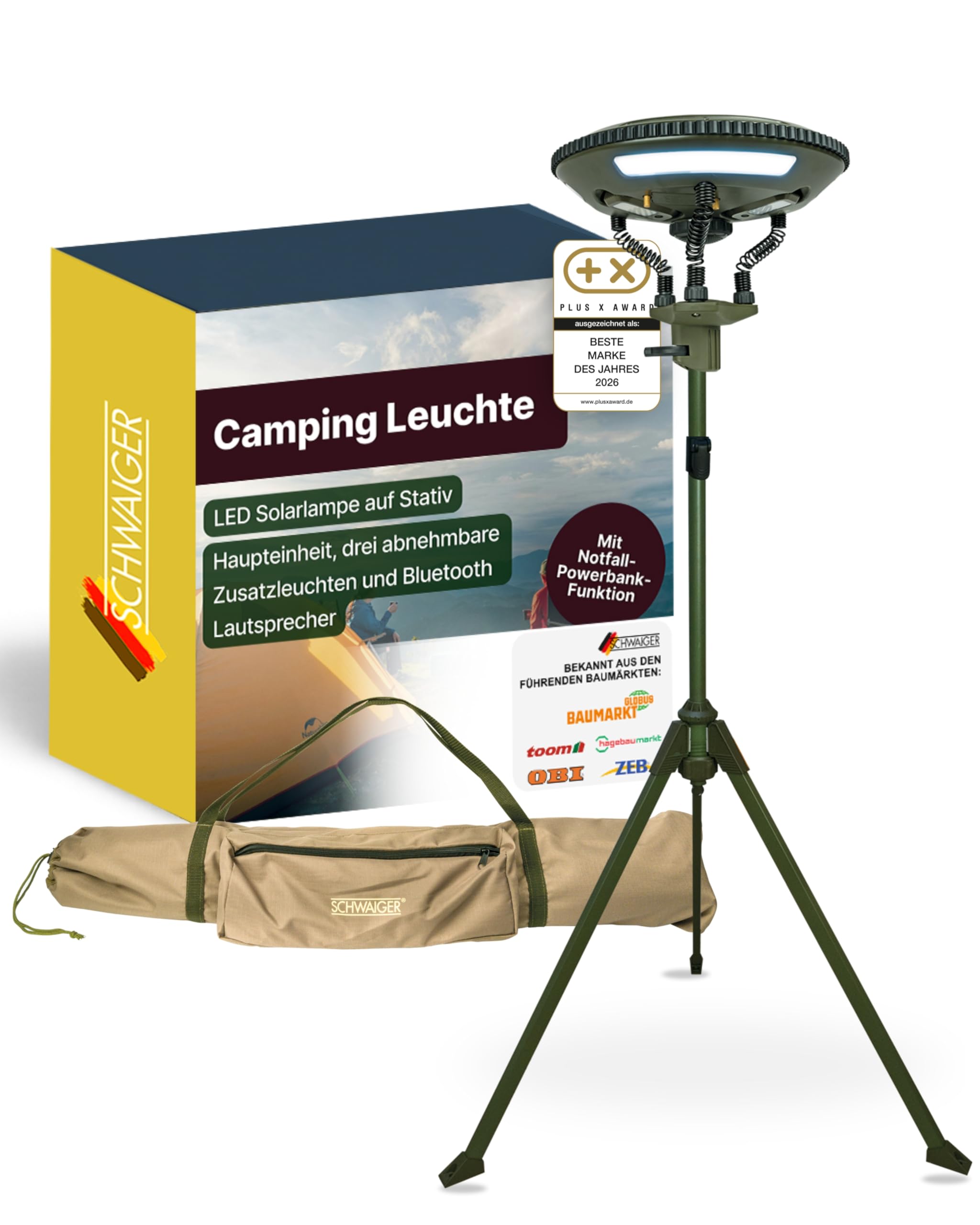 SCHWAIGER LED Campingleuchte mit Stativ & Bluetooth Lautsprecher I Solar Campinglampe mit 3 Zusatzleuchten I solarbetriebene Standleuchte mit Powerbank-Funktion I multifunktionale Outdoor Lampe