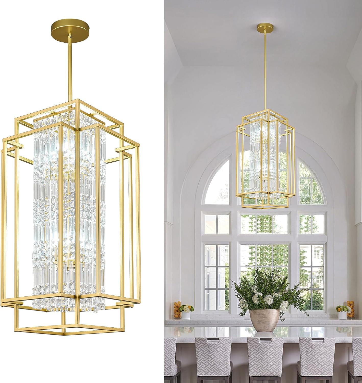 Farmhouse Rustic Rectangle Chandelier Gold Metal Decorative Crystal Pendant Light Antique Ceiling Lamp for Dining Room, Living Room, Bedroom, Kitchen Island and Foyer