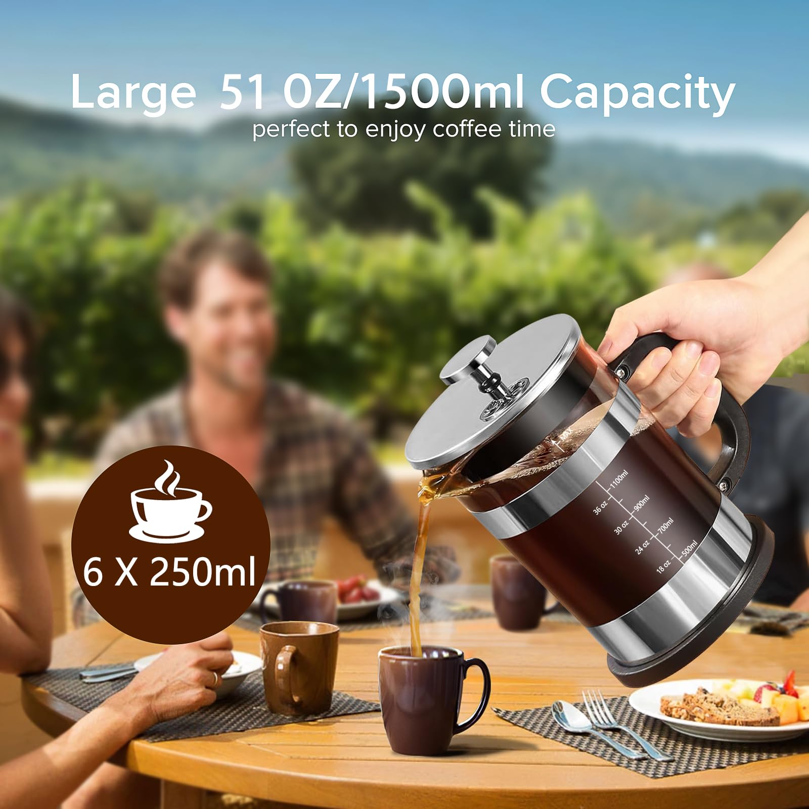 QUQIYSO Cafetera de prensa francesa de acero inoxidable 304 de 50 onzas con 4 filtros, resistente al calor, duradera, fácil de limpiar, prensa de café de vidrio de borosilicato, plateado