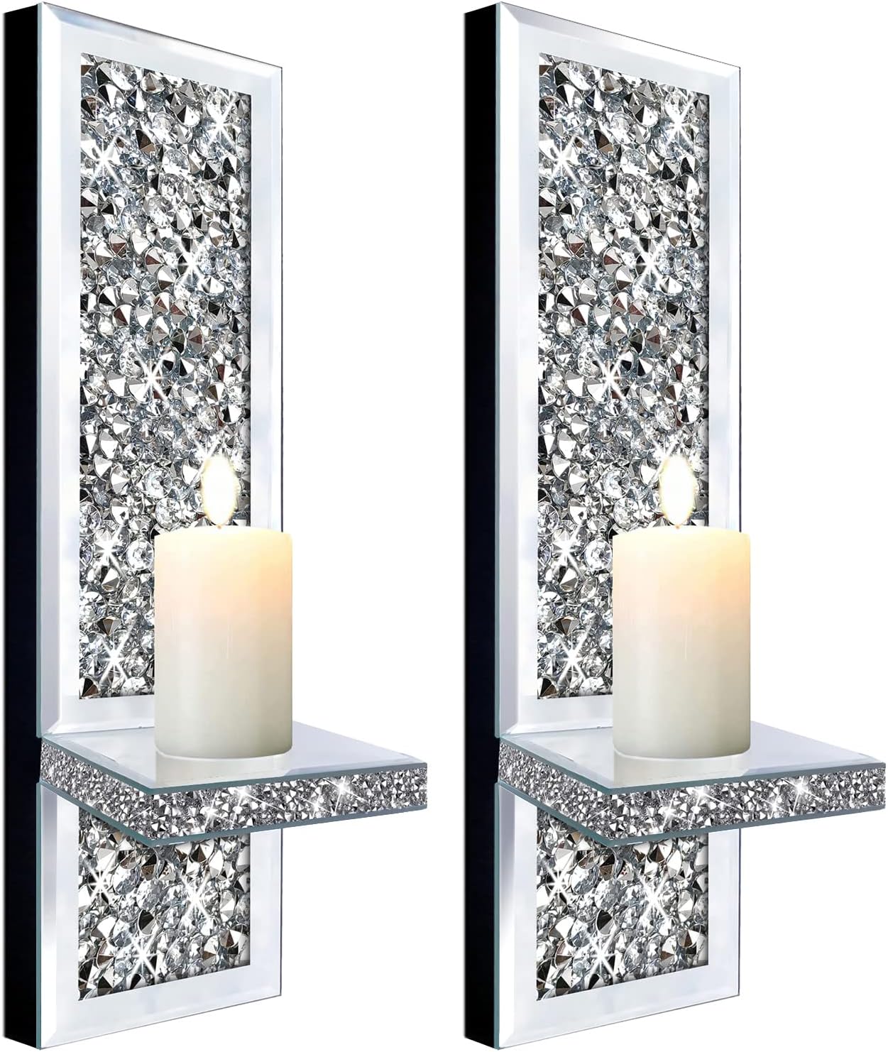 Set of 2 Crystal Crush Diamond Candle Sconces, Gorgeous Silver Mirrored Wall Sconce, Candle Holder Glass Wall Decorations for Home Décor, Living Room, Dining Room.