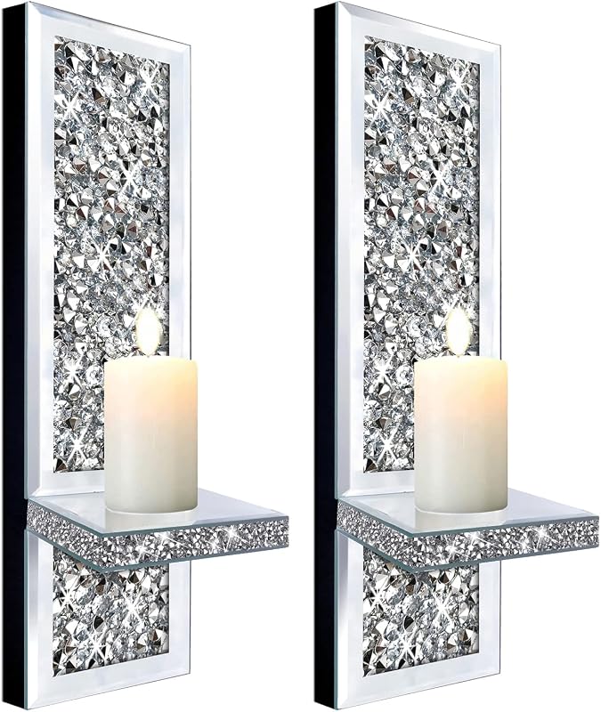 ZOLAPI Set of 2 Crystal Crush Diamond Candle Sconces, Gorgeous Silver Mirrored Wall Sconce, Candle Holder Glass Wall Decorations for Home Décor, Living Room, Dining Room.