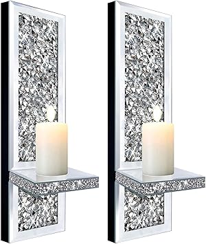 Set of 2 Crystal Crush Diamond Candle Sconces, Gorgeous Silver Mirrored Wall Sconce, Candle Holder Glass Wall Decorations for Home D&eacute;cor, Living Room, Dining Room.