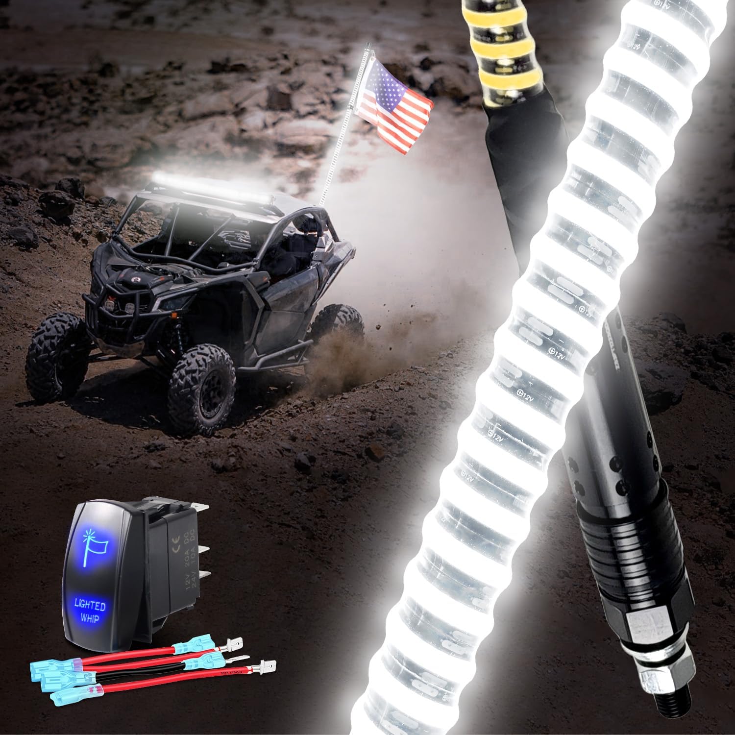 1PC 3FT Upgrade Brightness White COB Whip Lights, Easy Install and Removal, Durable and Weather Resistant, Perfect for Truck, ATV, UTV, Boat, Polaris RZR, Can-Am Maverick X3