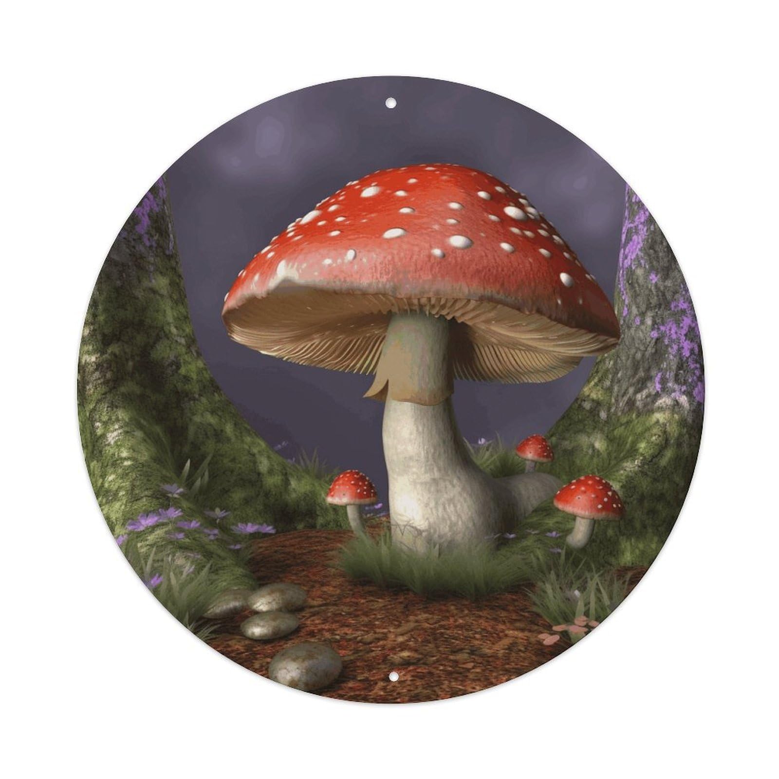 LZQPOEAS Mushroom Round Aluminum Wall Art Sign, Metal Indoor Wall Decor with Holes, Durable Circular Aluminum Plaque for Home, Bar, Cafe, Living Room, And Office Decoration