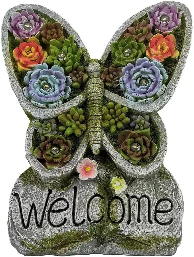 Garden Gnome Statue with Solar Lights Outdoor Statues,Patio Decor for Lawn Yard, Garden Decor Unique Birthday Housewarming Gifts for Mom Grandma Women (Butterfly Succulent Statue)