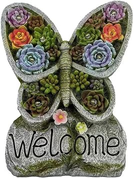 Garden Gnome Statue with Solar Lights Outdoor Statues,Patio Decor for Lawn Yard, Garden Decor Unique Birthday Housewarming Gifts for Mom Grandma Women Butterfly Succulent Statue
