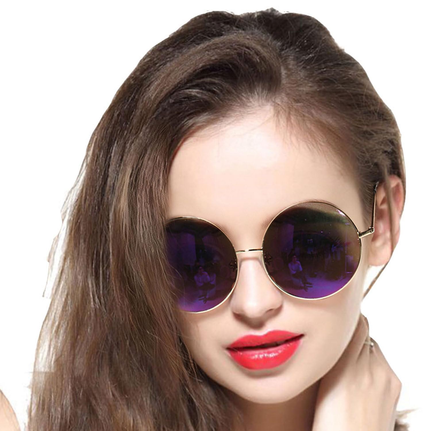 Occhiali da sole da donna oversize cerchio rotondo mirrored hippie, montatura in metallo viola X-Large, Lilla