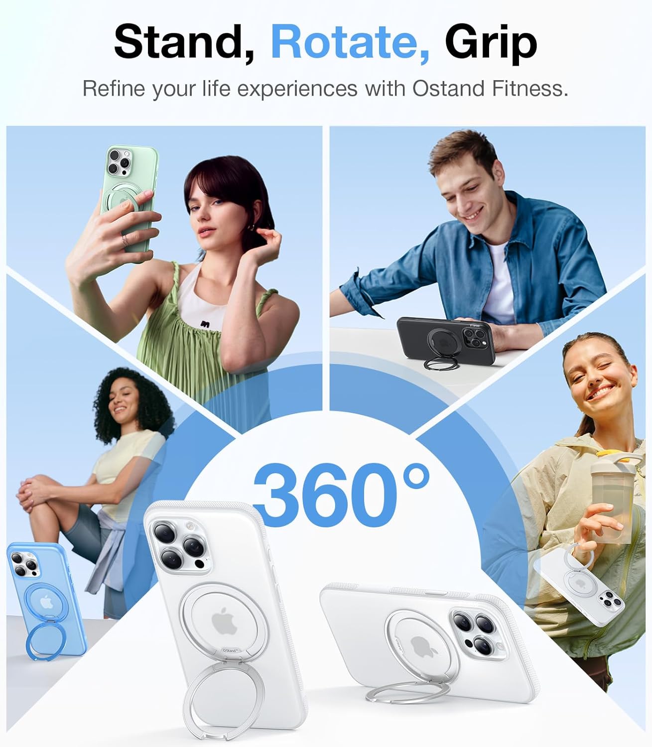 TORRAS Ostand Fitness 360 Rotating Magnetic Stand for iPhone 15 Pro Max Case, [Compatible with MagSafe] [Military-Grade Protection][Enhanced Grip] Slim Case for iPhone 15 Pro Max, Glacier White 6.7" - Image 4