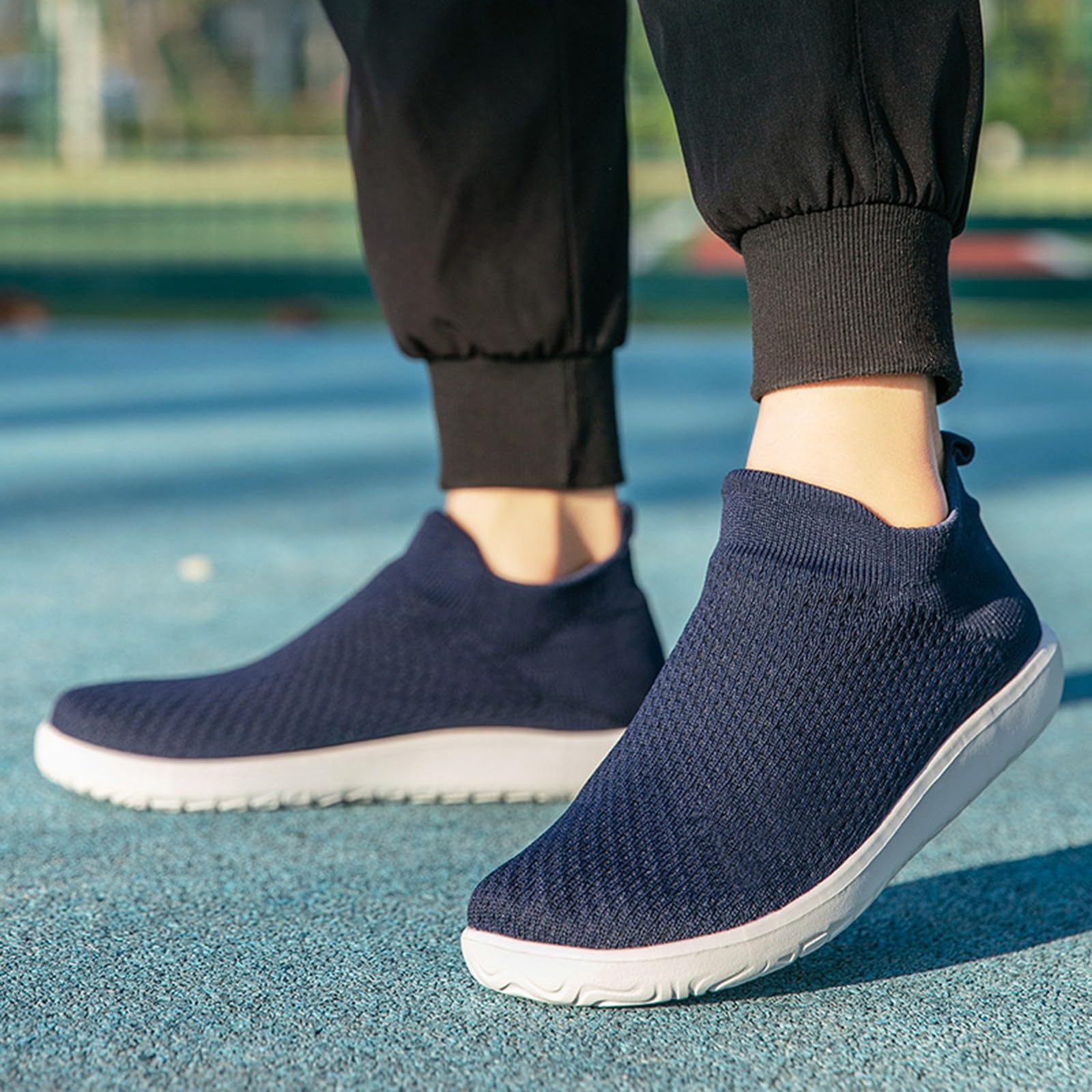 Męskie trampki, minimalistyczne, wysoki kołnierz, wsuwane, lekkie, oddychające, dzianinowe buty do chodzenia, jogi i jazdy samochodem, NIEBIESKI, 38.5 EU