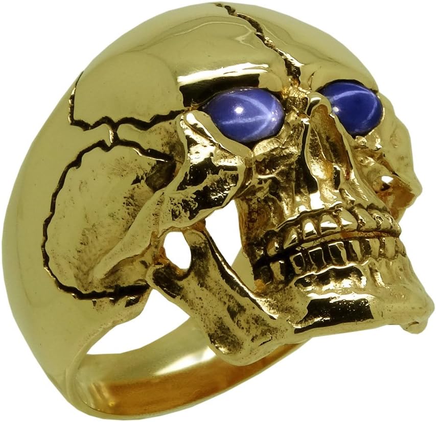 UNIQABLE14K Solid Yellow Gold Heavy Skull Sapphire Ring Biker Men Harley Masonic SK03SAPY14K
