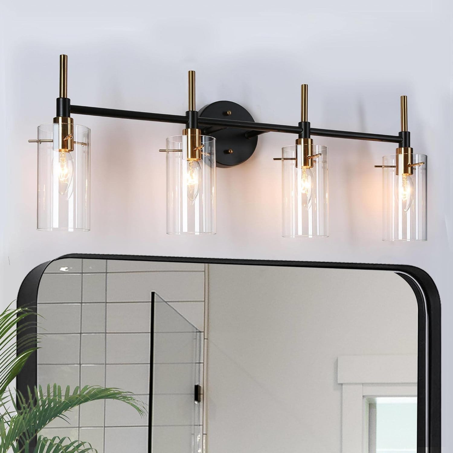 ZEVNI Black Gold Bathroom Lighting, 4-Light Vanity Lights for Bathroom, Black Gold Modern Bathroom Vanity Light Fixtures Over Mirror with Clear Glass Shades, 27.5" x 6" x 11"