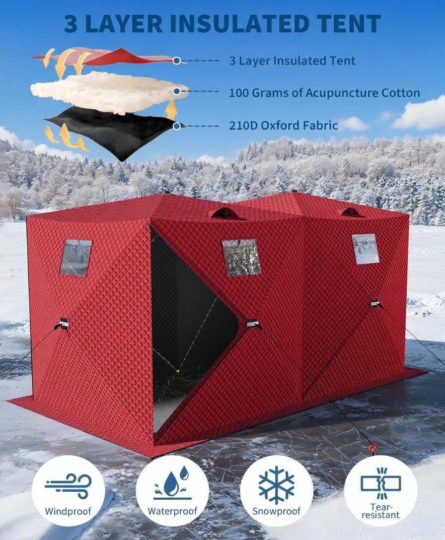 Pop-Up Ice Fishing Tent, 6-8 Person Portable Hub-Style Insulated Ice Fishing Shelter with Carrying Bag, Zippered Door, Wind Rope & Anchors, for Winter Ice Fishing