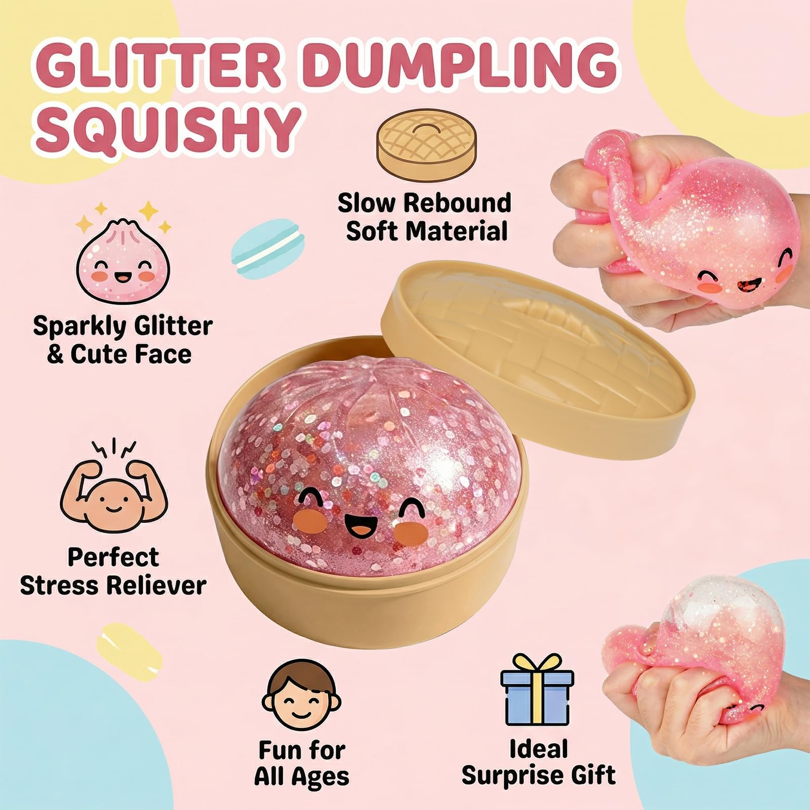 Glitter Dumpling Squishy, Dumplings Squishy Mystery Box, Stressball Fidget Toys, Sensorik Anti Stress Spielzeug Squishies für Kinder Erwachsene Autismus Stressabbau Geschenke - 4