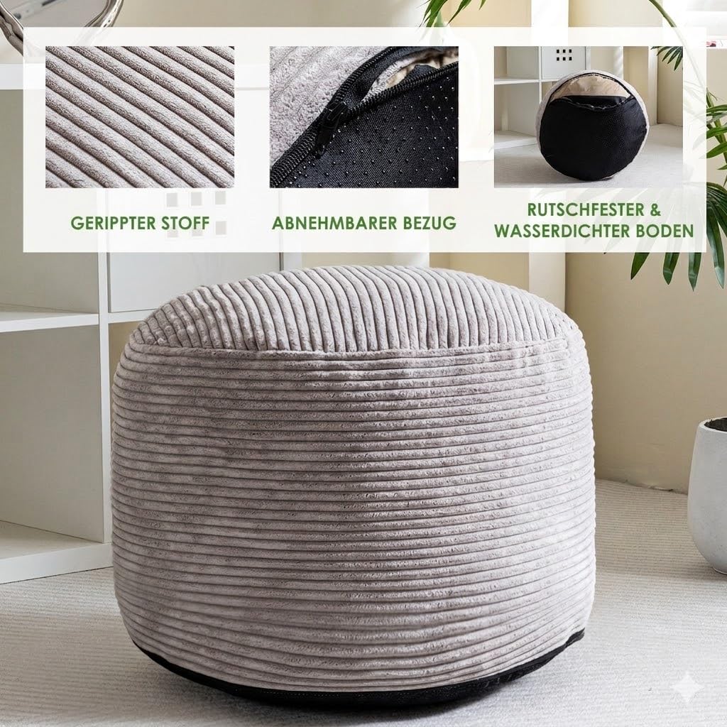 HIGOGOGO Elegante poggiapiedi, 65 cm, in velluto a coste, 2 in 1, per soggiorno, grigio