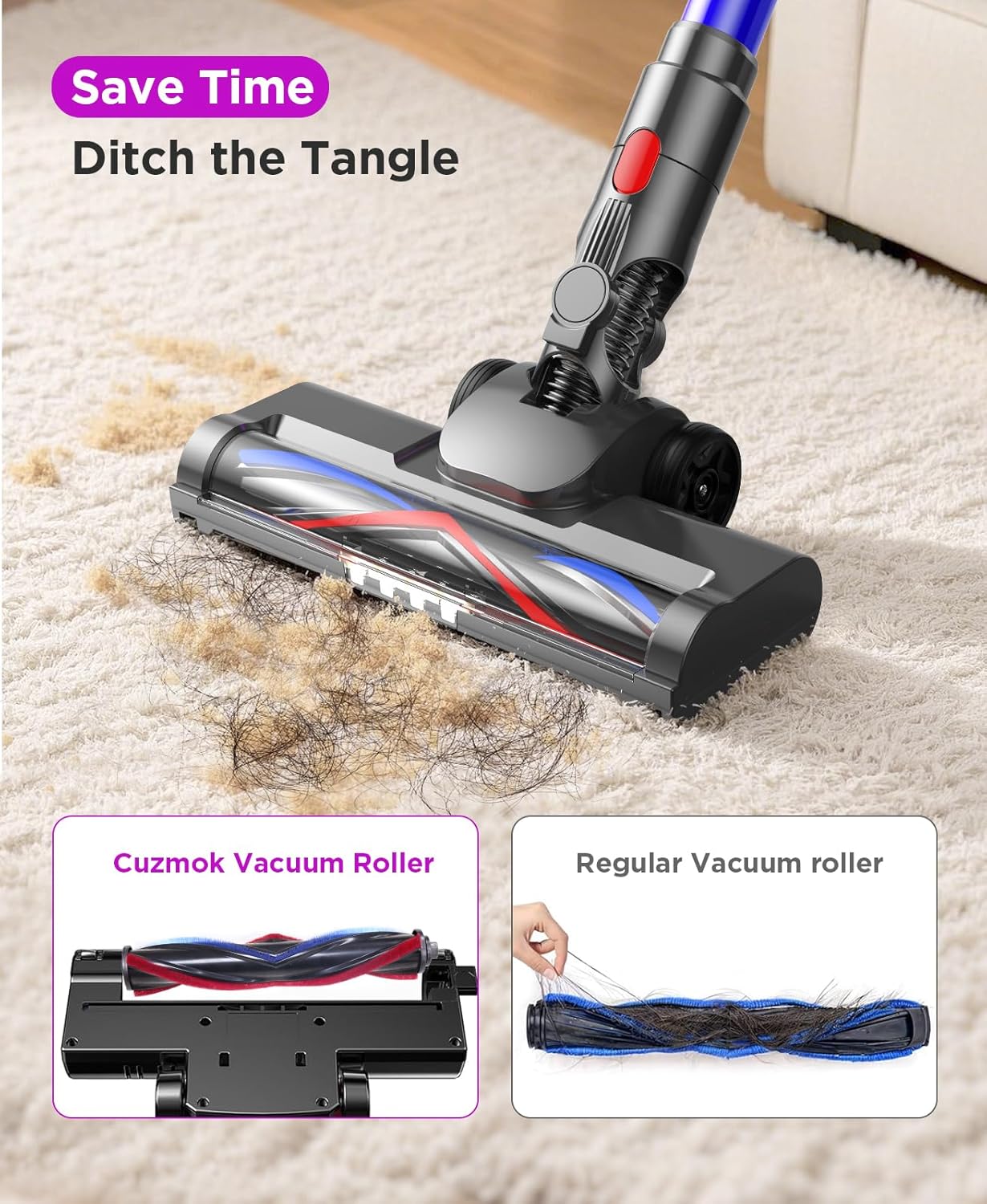 MQDXE Cordless Stick Vacuum Cleaner: 550W Powerful Suction, LED Display, 55 Min Runtime, Anti-Tangle Brush, Rechargeable Battery, Lightweight for Home, Pet Hair, Hard Floors, Carpet - Image 3
