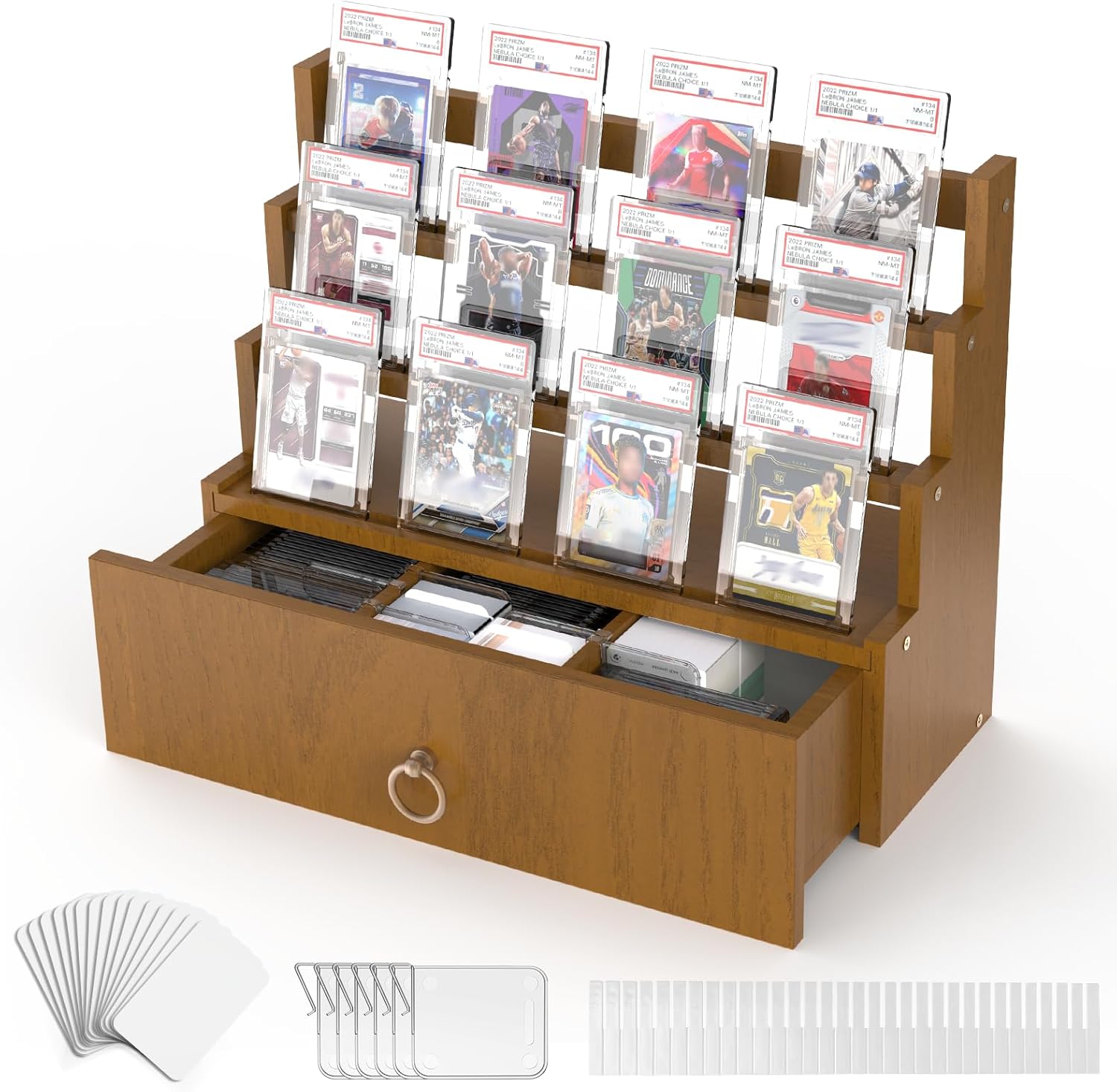 3-Tier Trading Card Display, Wooden Graded Card Display Rack with Large Capacity for PSA, BGS, CGC Sports & Game Cards, Desktop Holder for Collectors with Storage Drawer