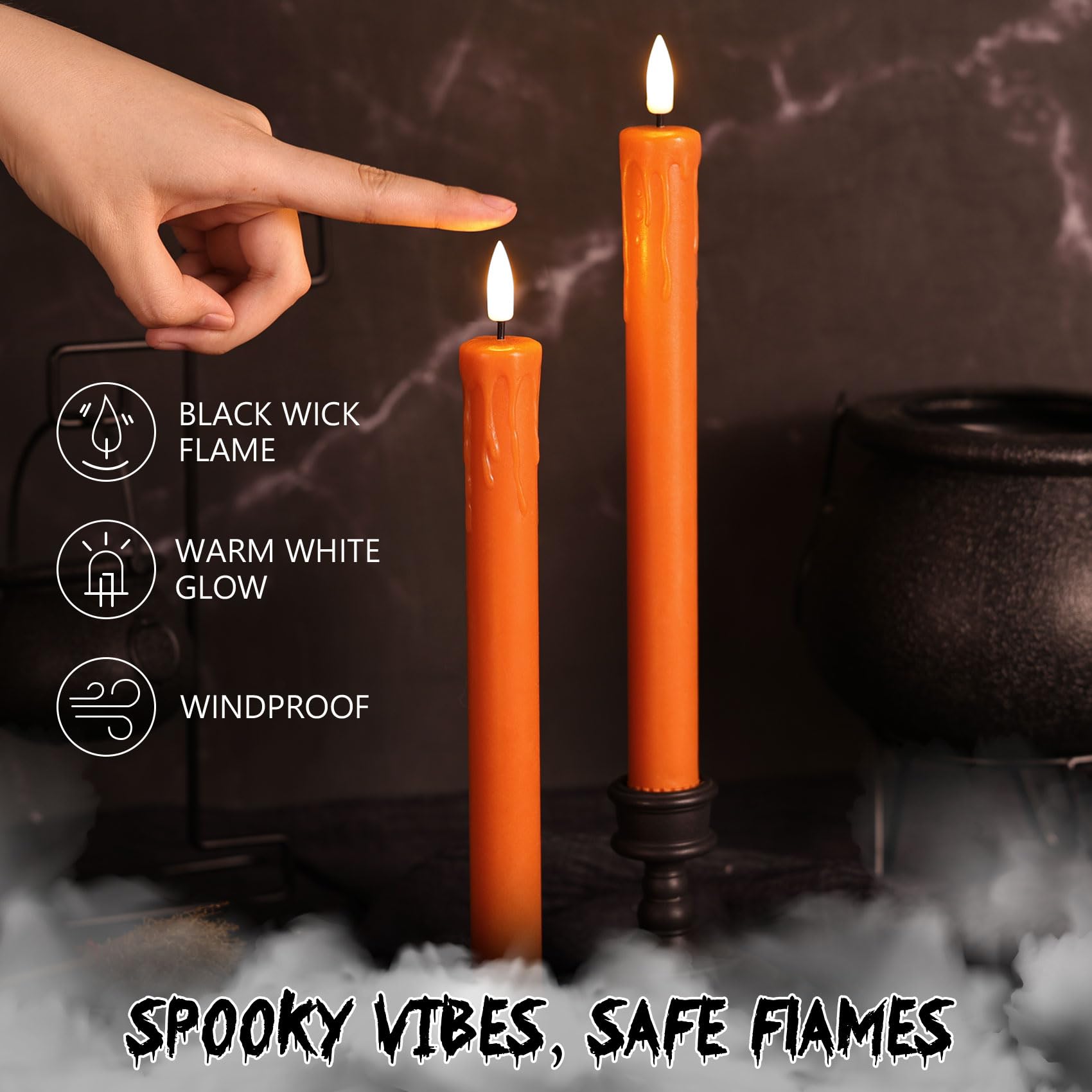 Flameless Orange Taper Candles - Set Of 6 With Remote & Timer, 10 Inch LED Candlesticks