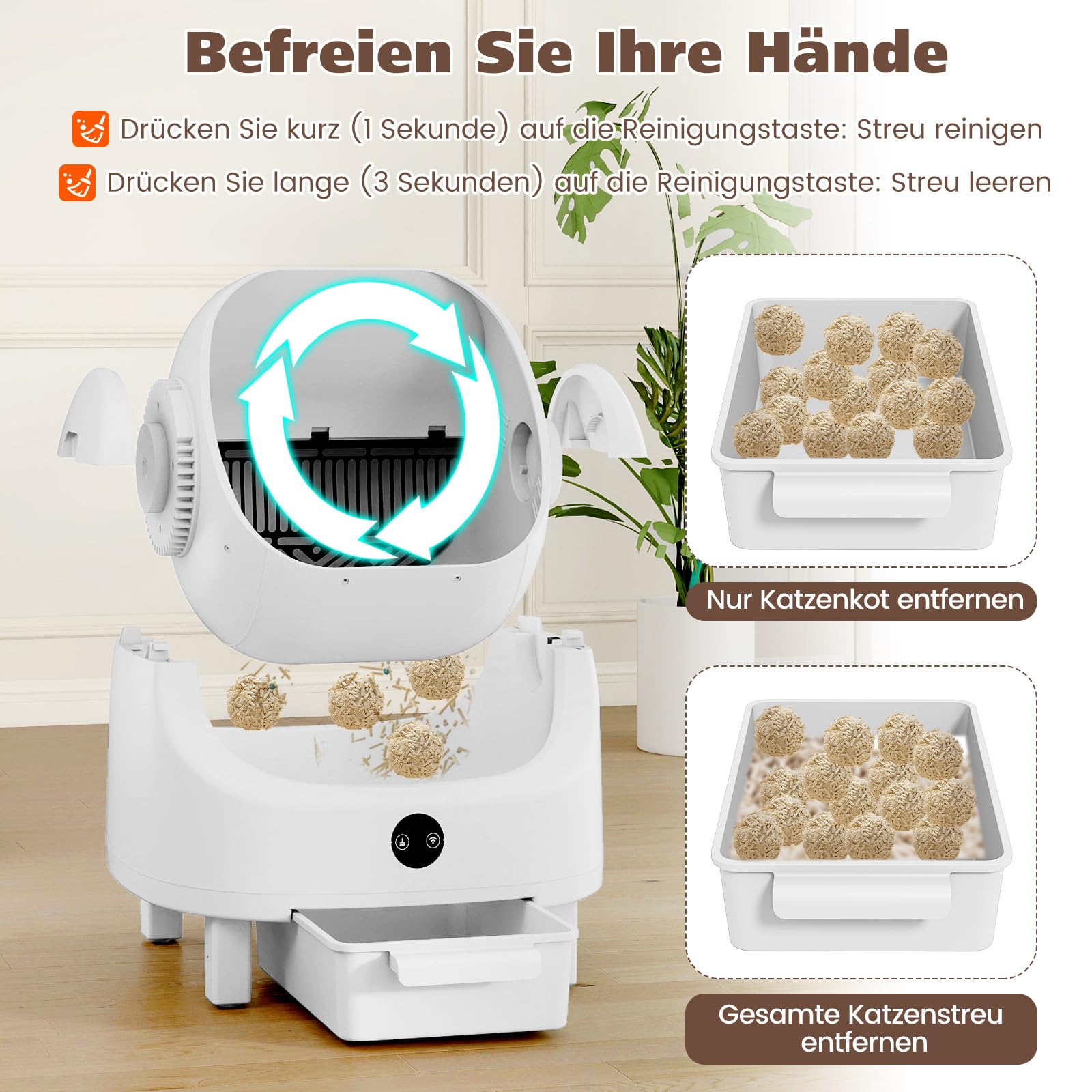 COSTWAY Selbstreinigende Katzentoilette, offen, Katzenklo selbstreinigend mit App-Steuerung, Geruchskontrolle & Sensorsicherheit, inkl. Müllbeutel, Aromatherapie-Box, automatisch für Mehrere Katzen